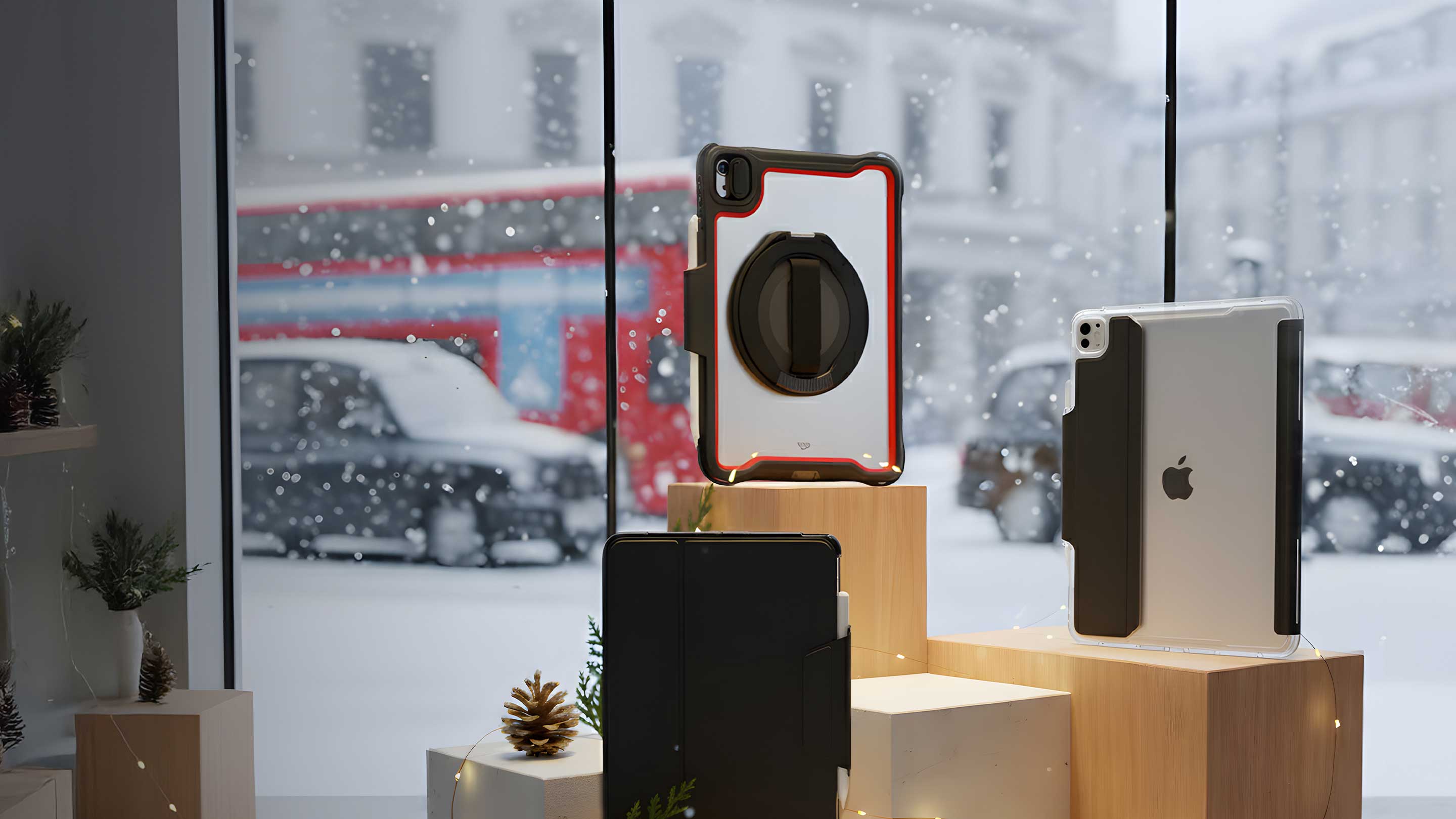 iPads in Tech21 cases stand on wood pedestals in a store window looking out to a snowy street