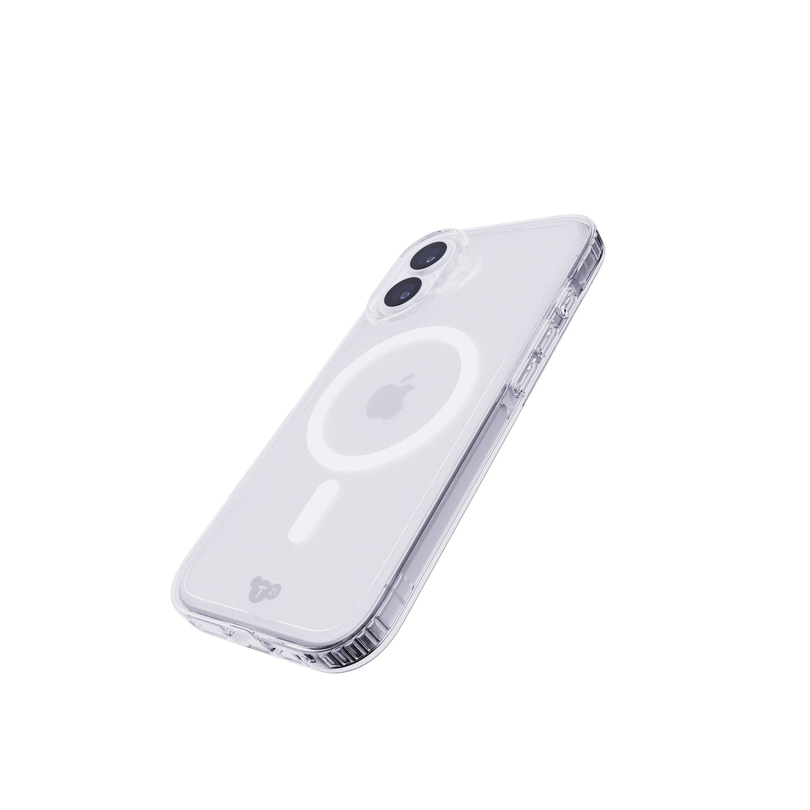 Tilted three-quarter tilted view of back of phone case with phone inside#color_clear