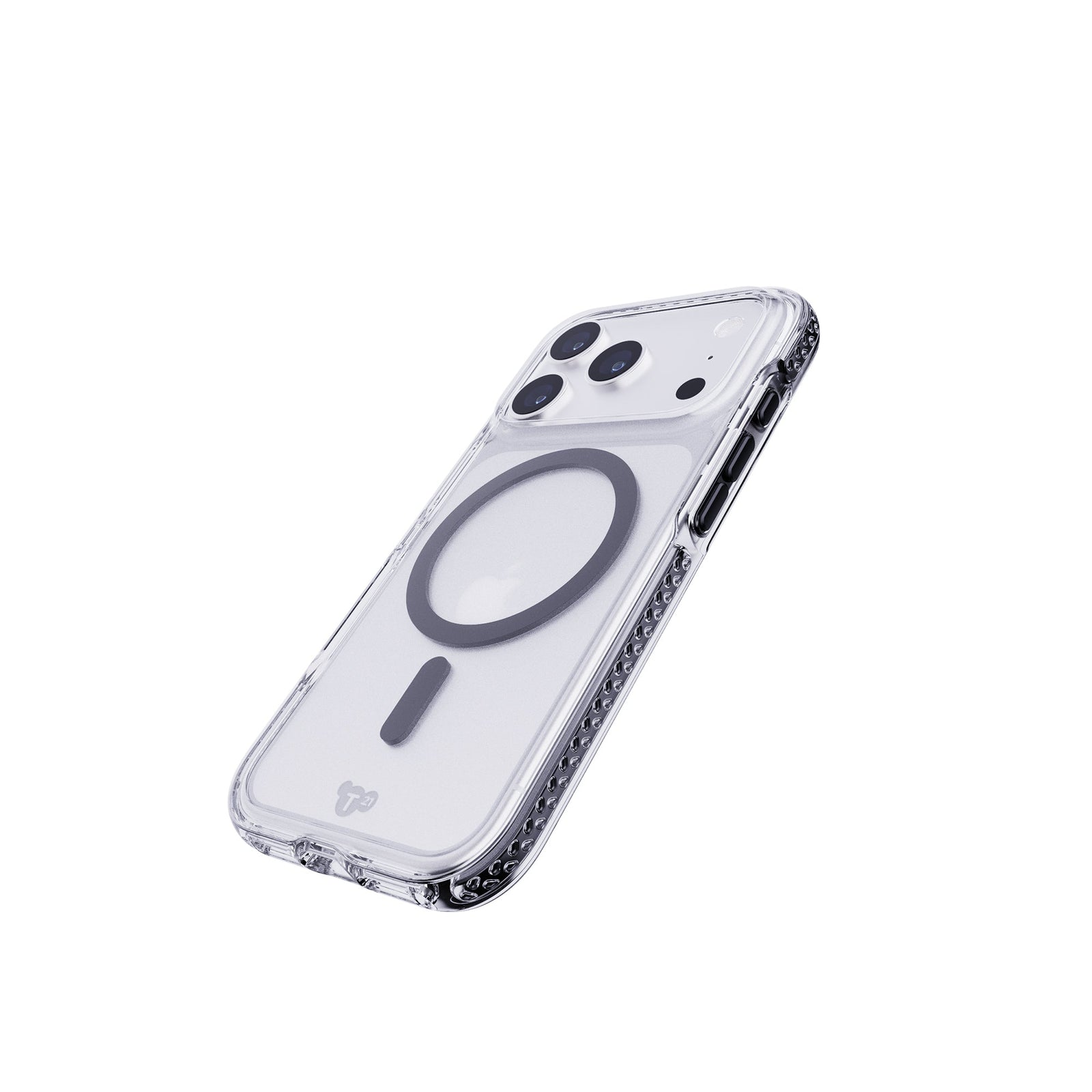 Tilted three-quarter tilted view of back of phone case with phone inside#color_black