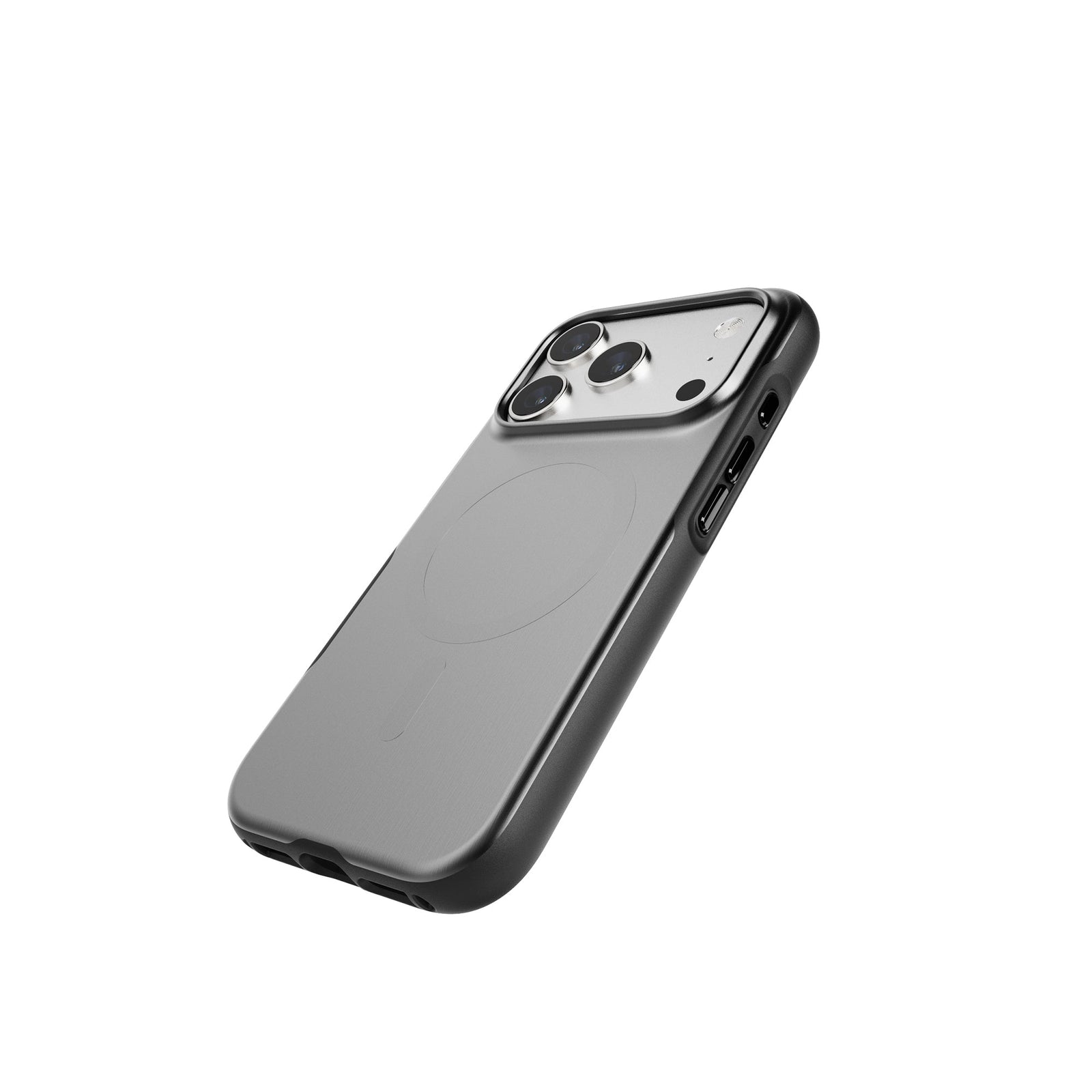 Tilted three-quarter tilted view of back of phone case with phone inside#color_black