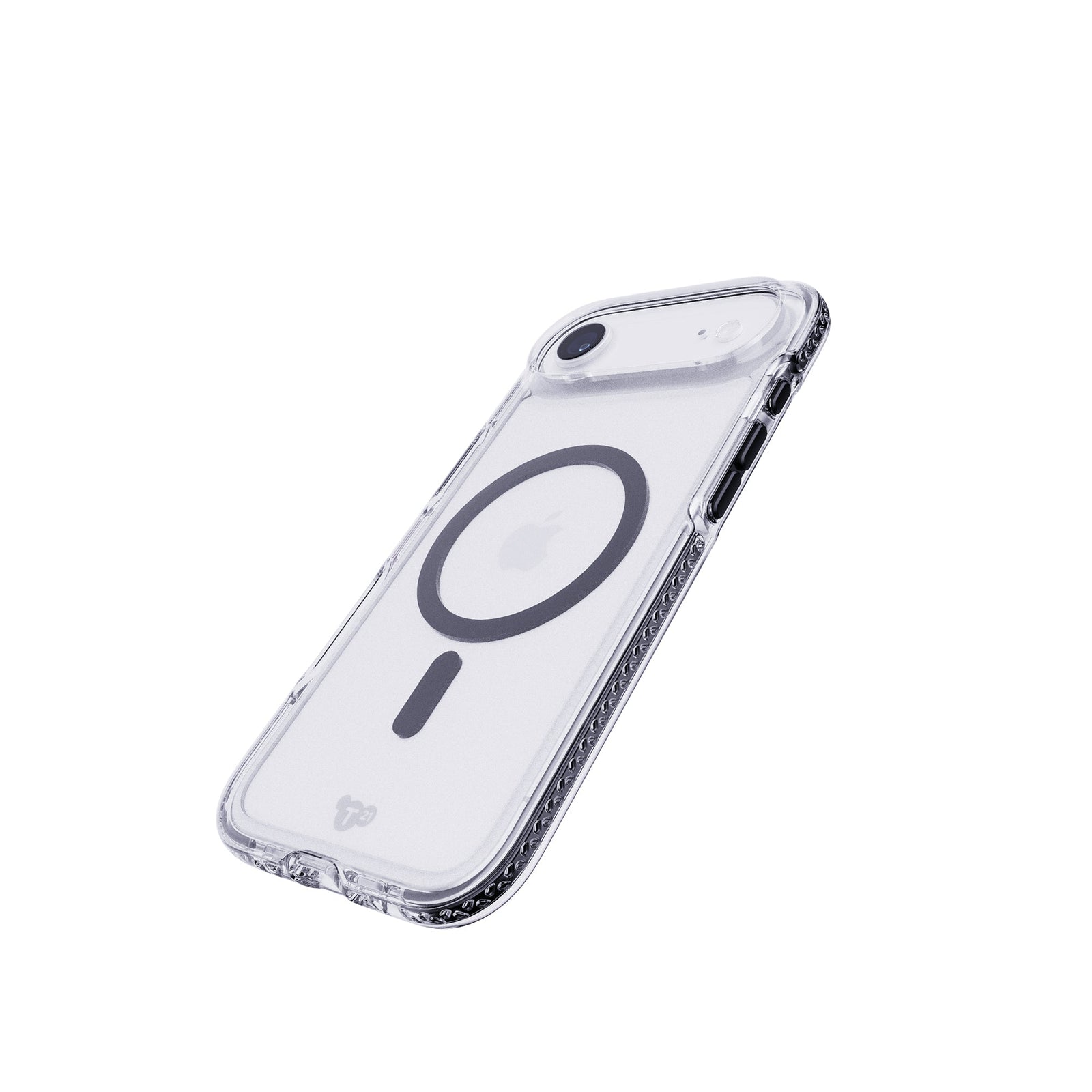 Tilted three-quarter tilted view of back of phone case with phone inside#color_black