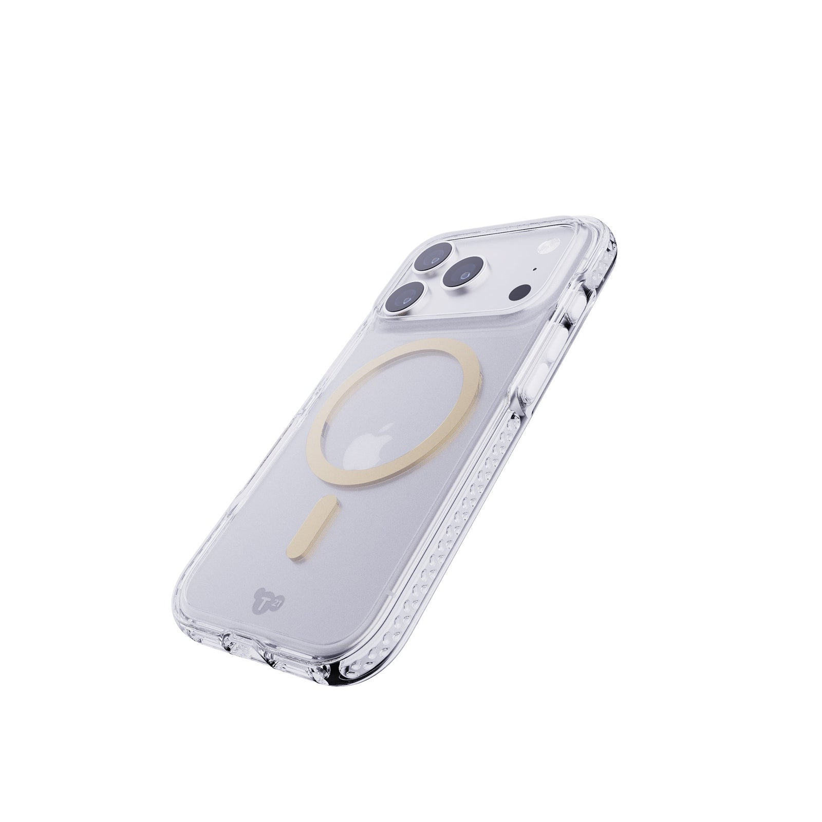 Tilted three-quarter tilted view of back of phone case with phone inside#color_metallic-gold