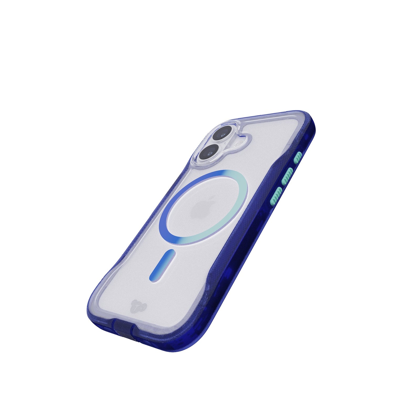 Tilted three-quarter tilted view of back of phone case with phone inside#color_electric-blue-jelly-mint