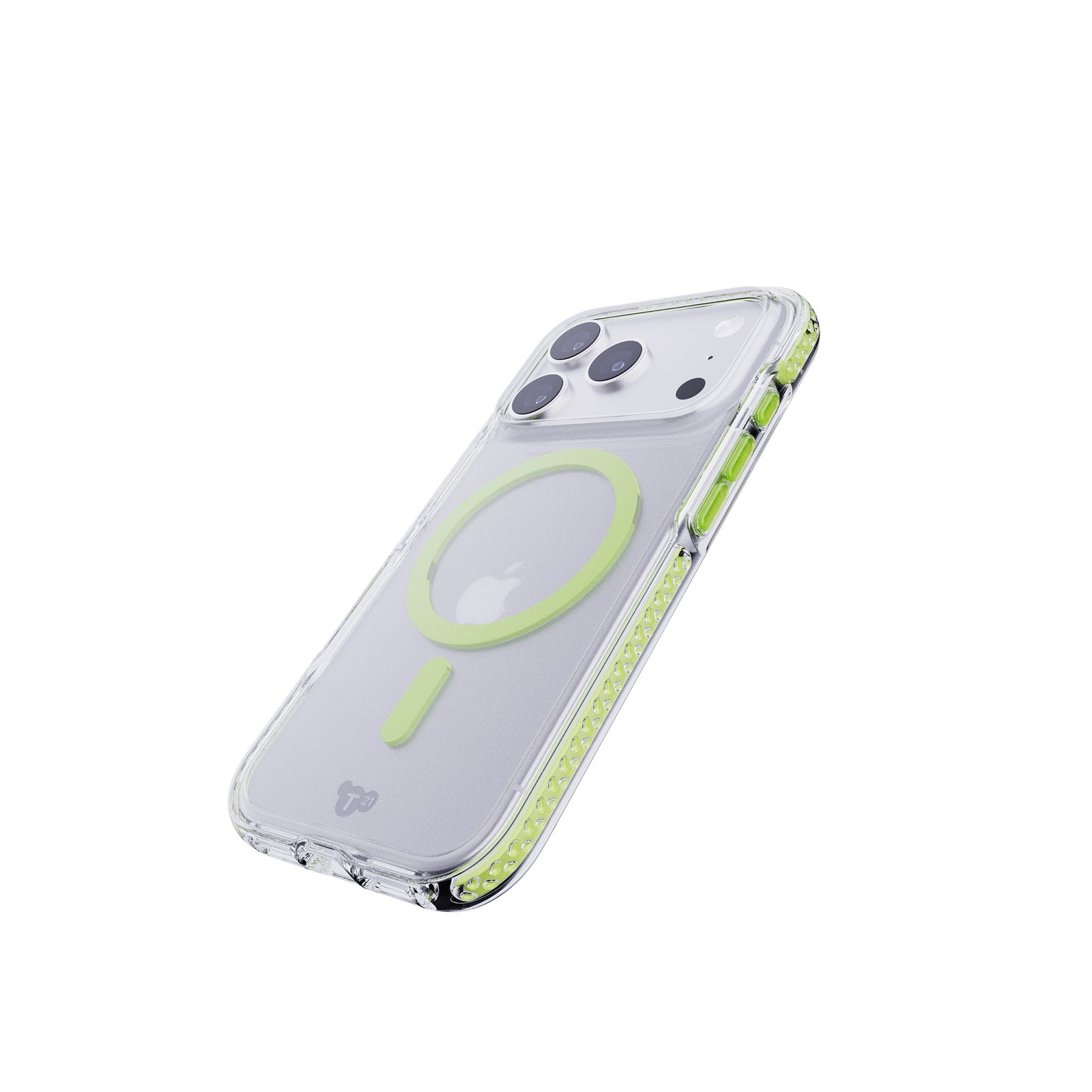 Tilted three-quarter tilted view of back of phone case with phone inside#color_green-glow-in-the-dark-magsafe-ring