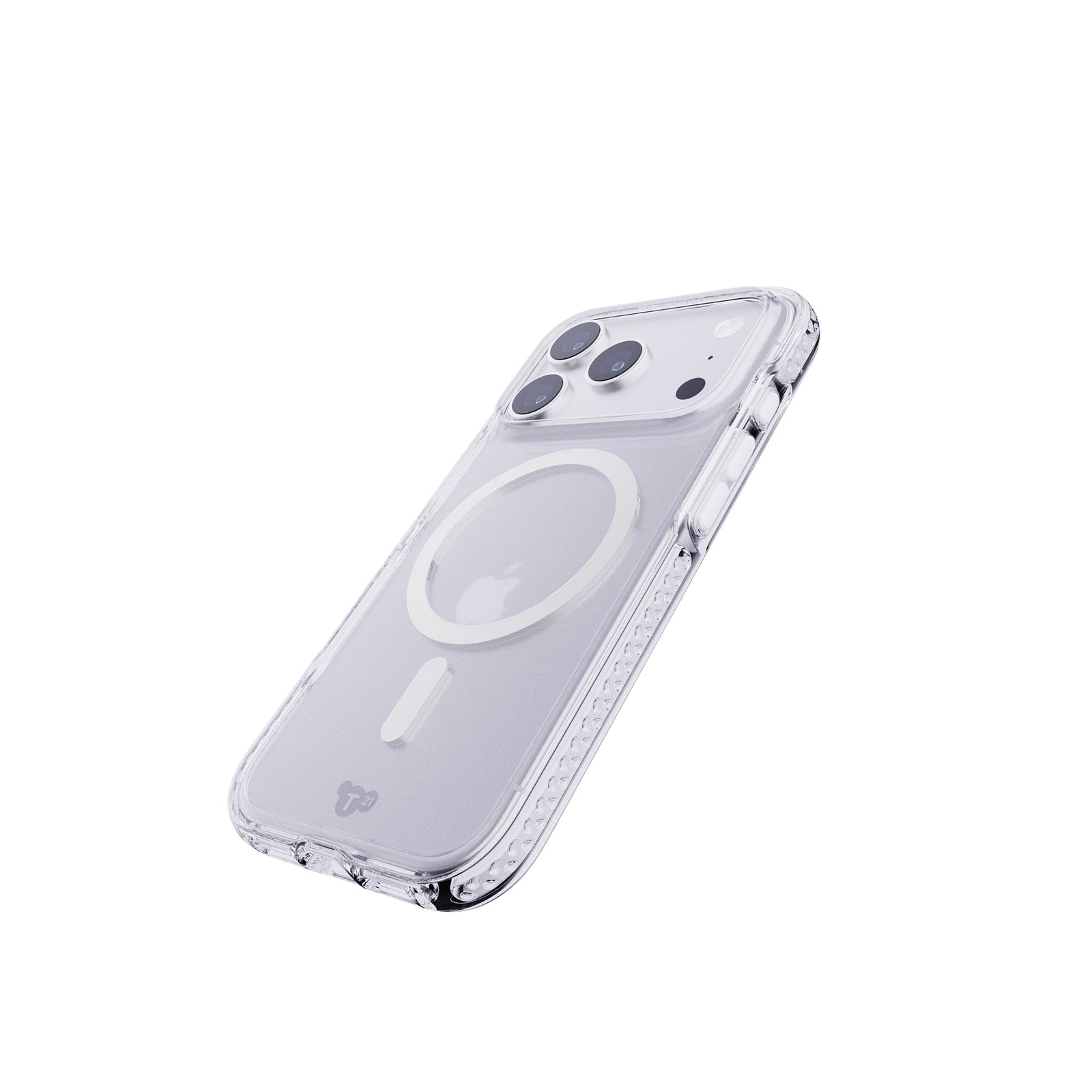 Tilted three-quarter tilted view of back of phone case with phone inside#color_metallic-silver