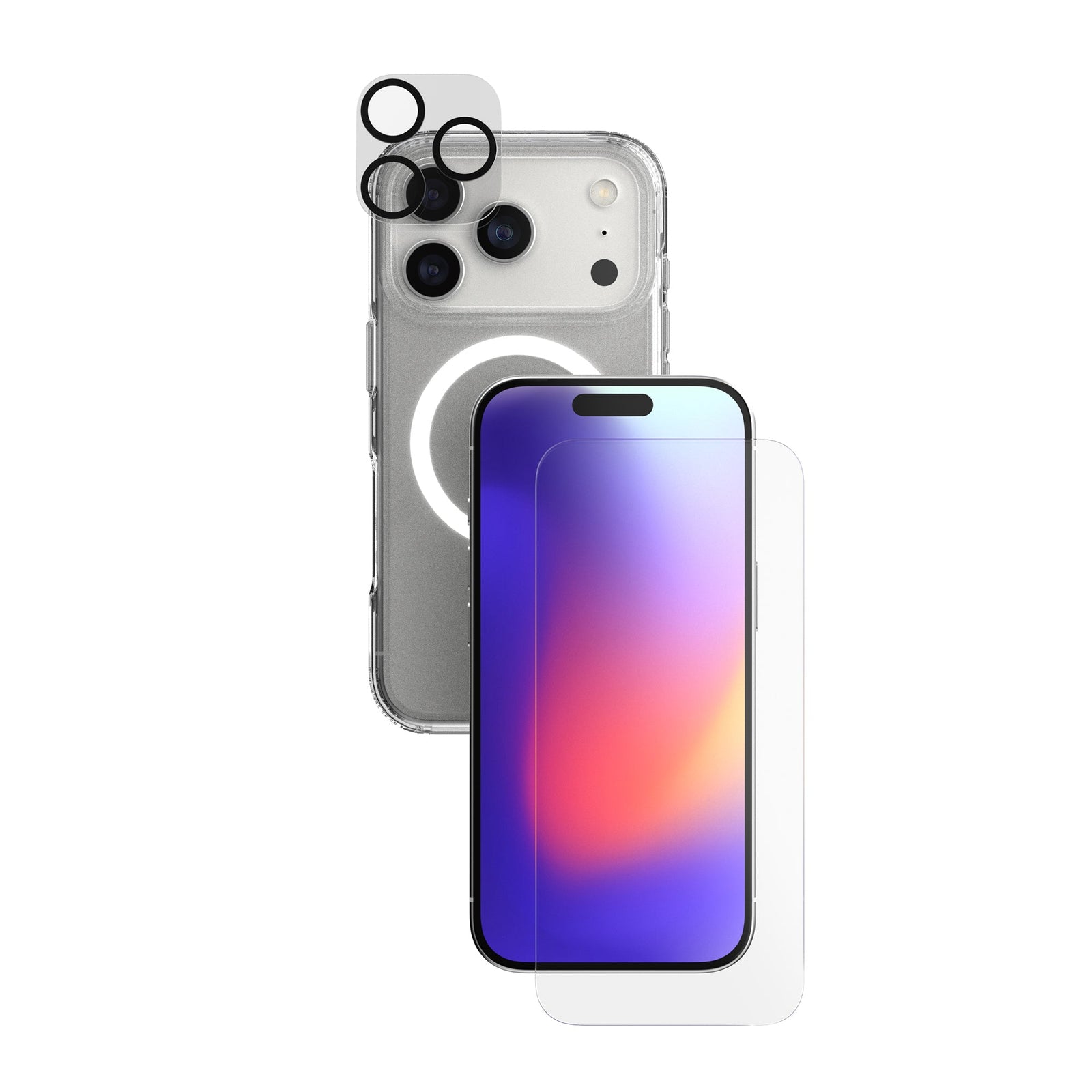 A phone protection bundle is shown from straight on showing the back of a phone in a clear case—a camera lens protector hovering over the phone's camera—and a screen protector hovering over a separate phone with its screen facing forward#color_clear