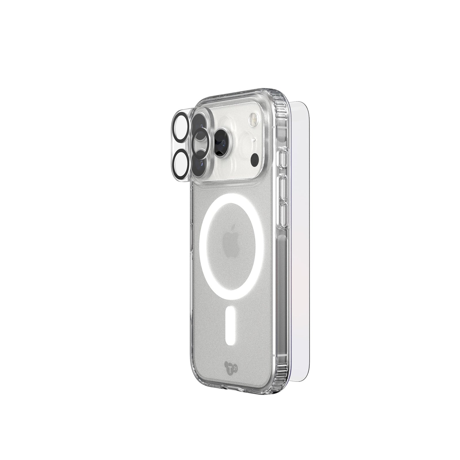 A phone protection bundle is shown from an angle with a camera lens protector hovering over the camera of a phone in a clear case; a screen protector hovers over the screen side of the phone#color_clear