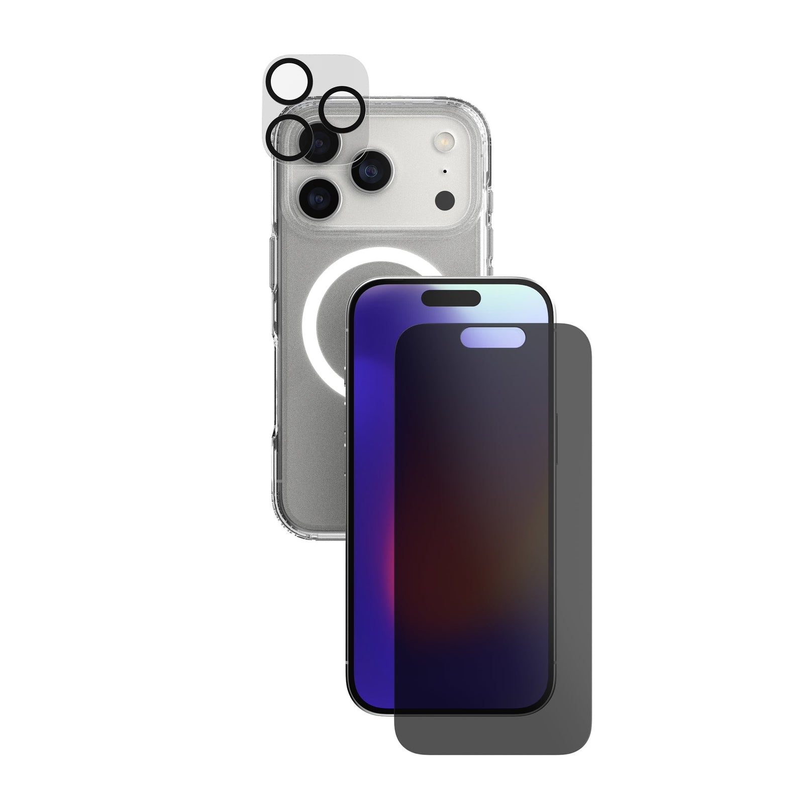 A phone protection bundle is shown from straight on showing the back of a phone in a clear case—a camera lens protector hovering over the phone's camera—and a screen protector hovering over a separate phone with its screen facing forward#color_clear-privacy