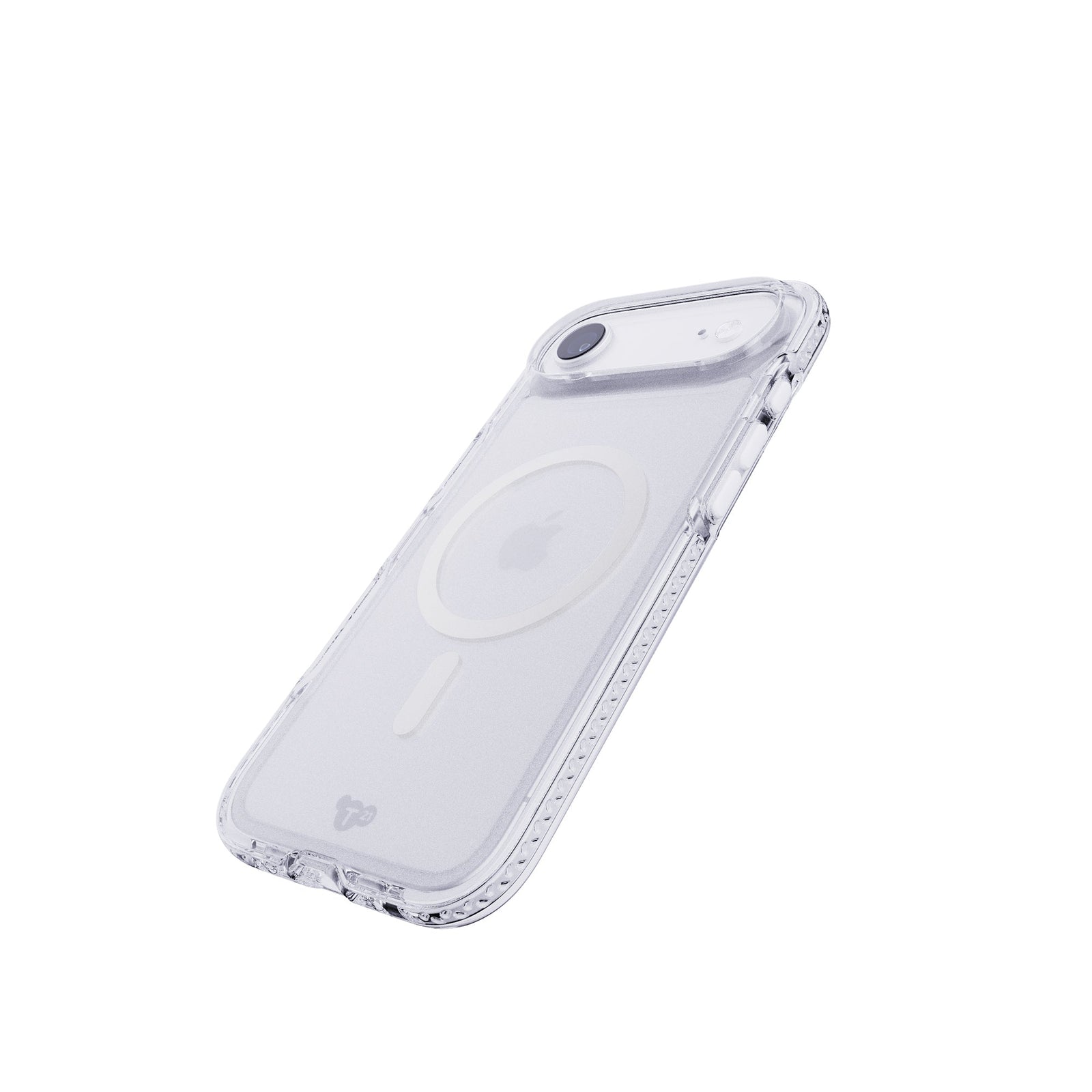 Tilted three-quarter tilted view of back of phone case with phone inside#color_metallic-silver