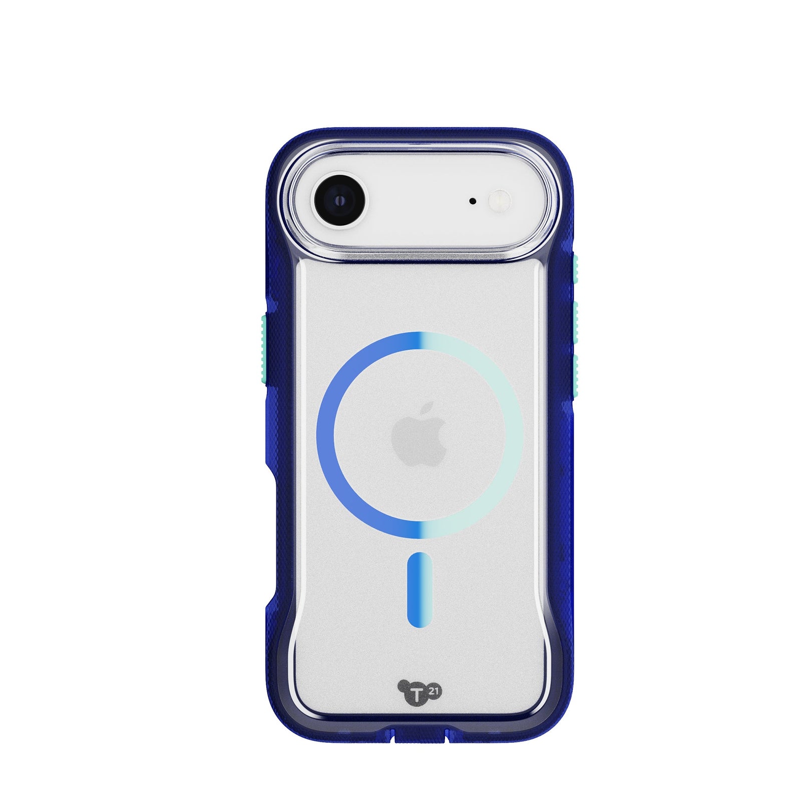 View of the back of the phone case from straight on with phone inside#color_electric-blue-jelly-mint