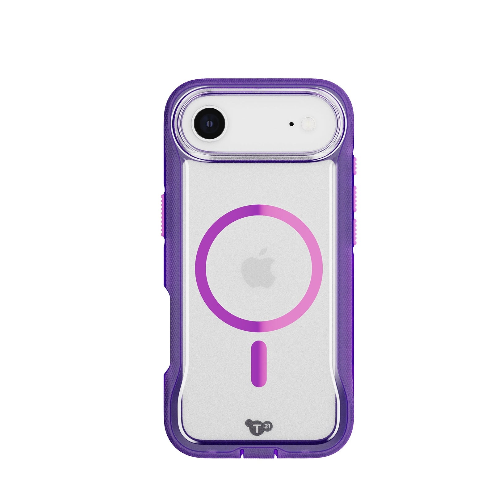 View of the back of the phone case from straight on with phone inside#color_kindred-purple-cyber-pink