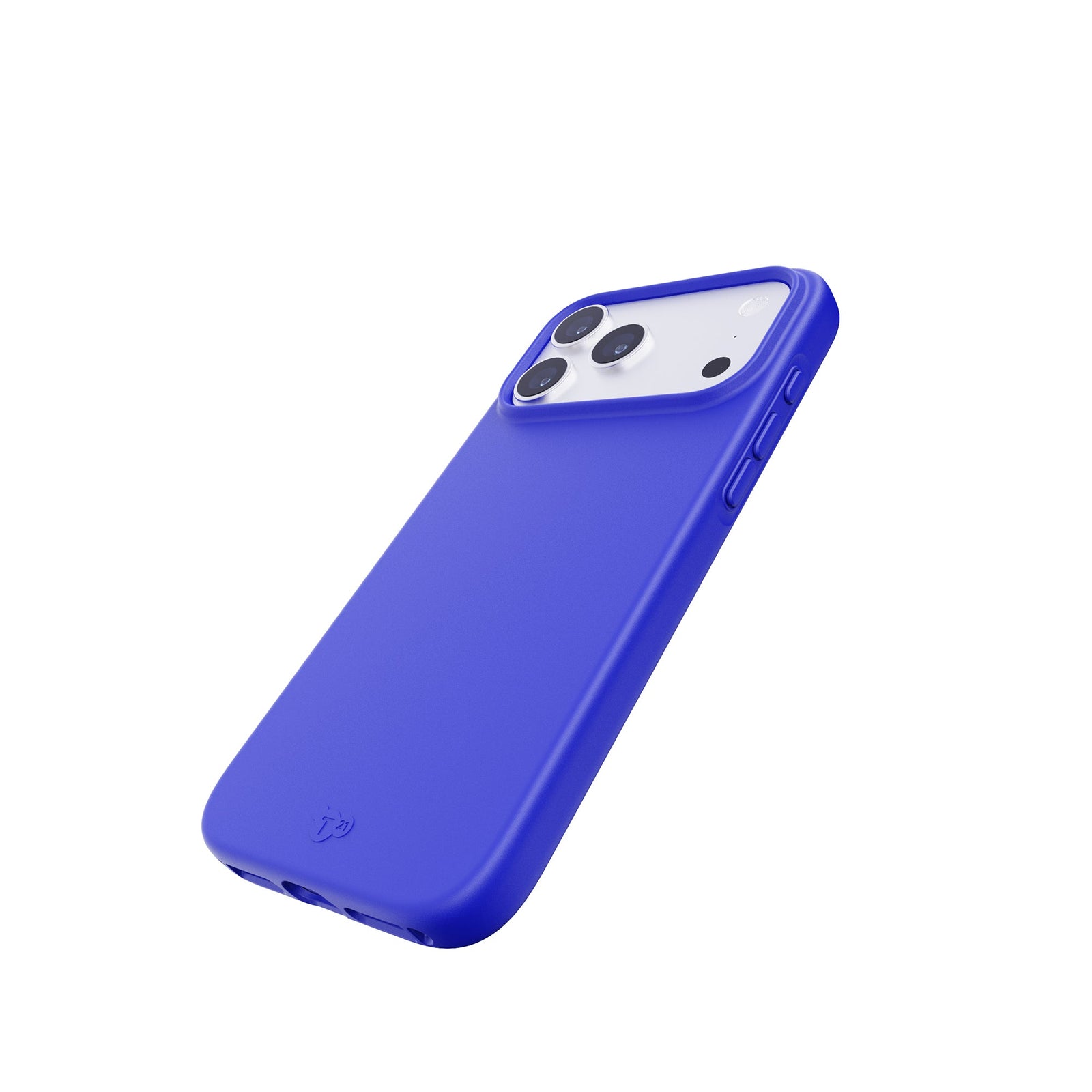 Tilted three-quarter tilted view of back of phone case with phone inside#color_electric-blue