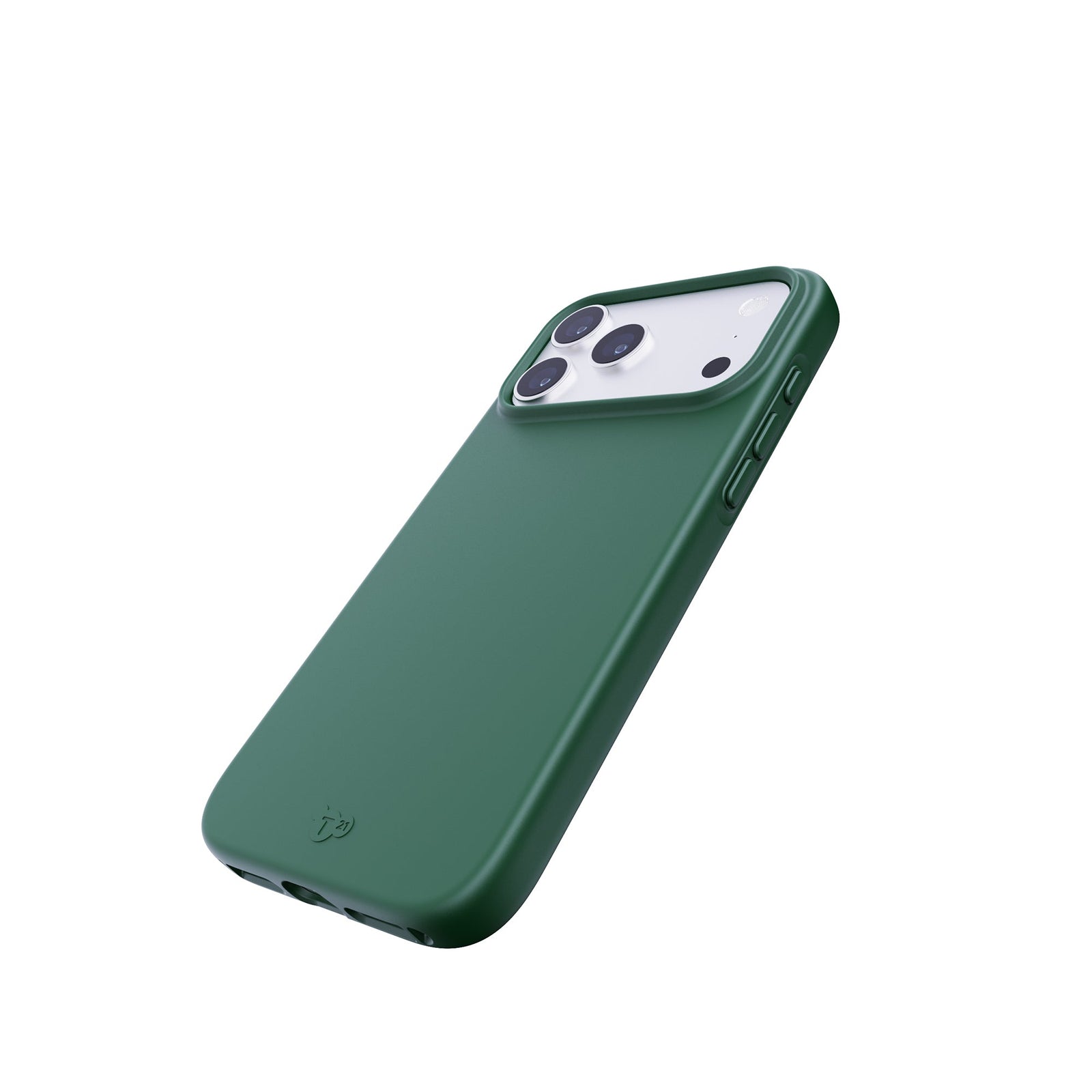 Tilted three-quarter tilted view of back of phone case with phone inside#color_quantum-green