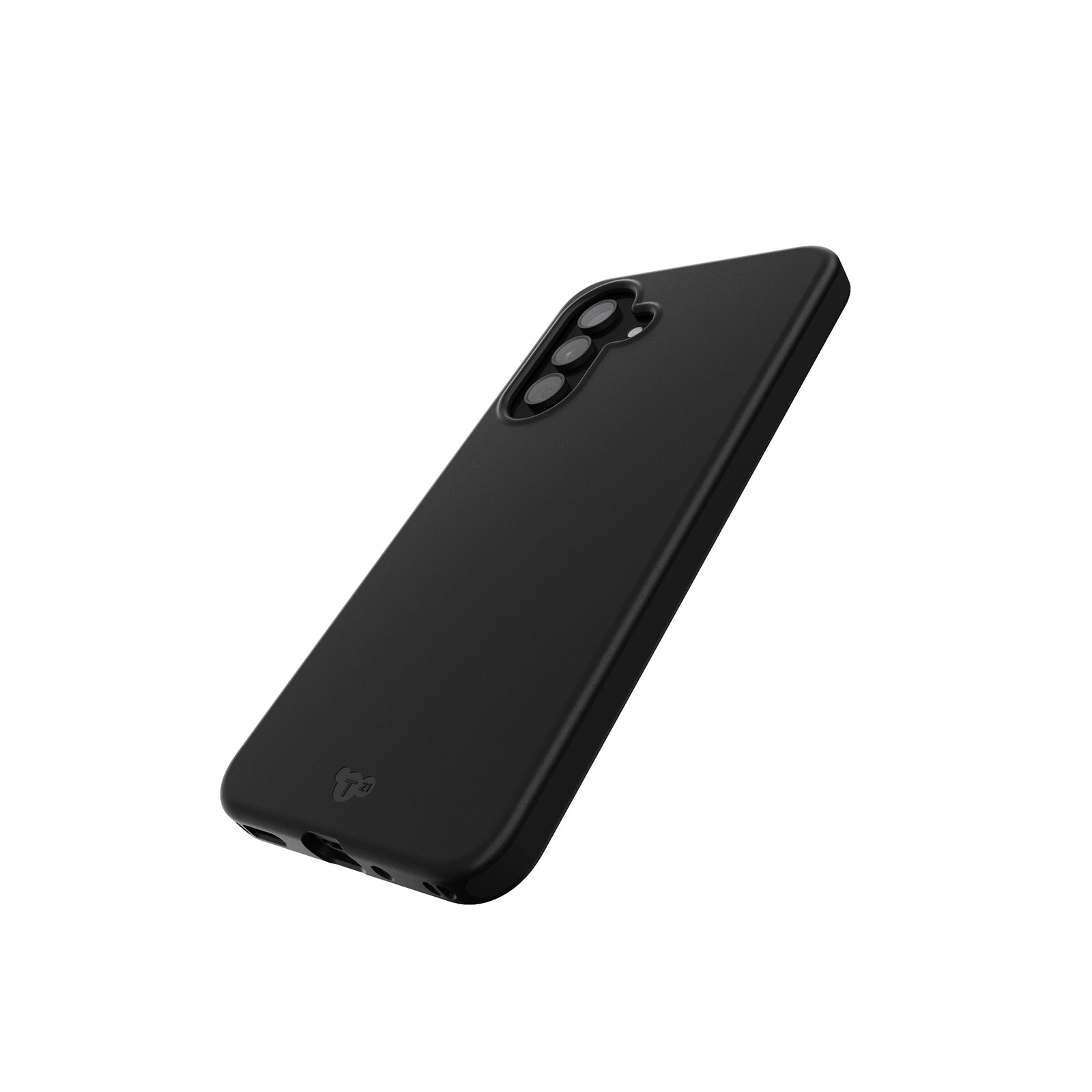 Tilted three-quarter tilted view of back of phone case with phone inside#color_black