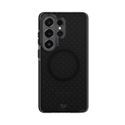 View of the back of the phone case from straight on with phone inside#color_smokey-black