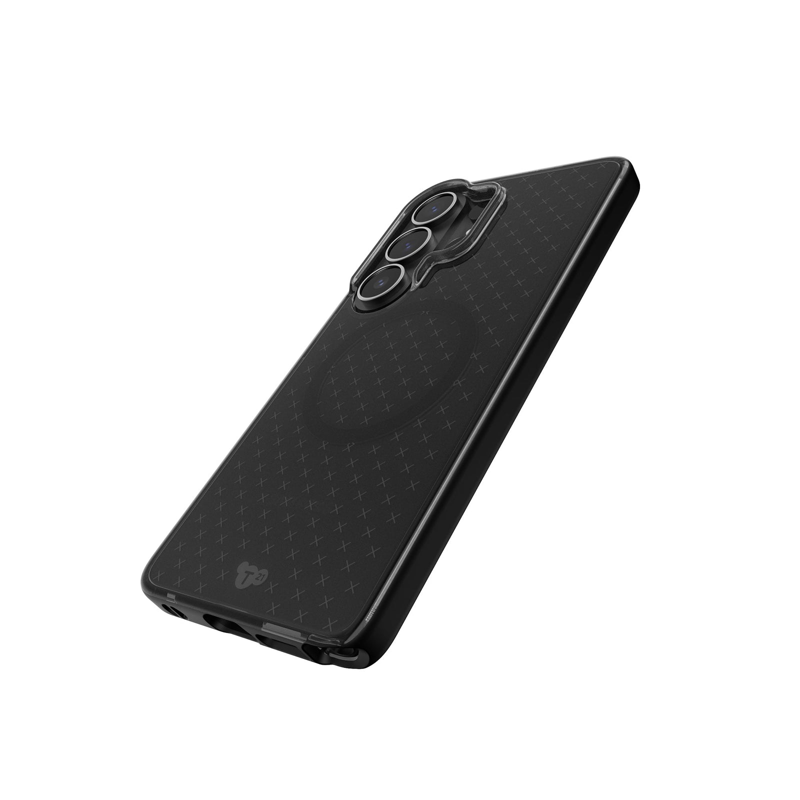 Tilted three-quarter tilted view of back of phone case with phone inside#color_smokey-black