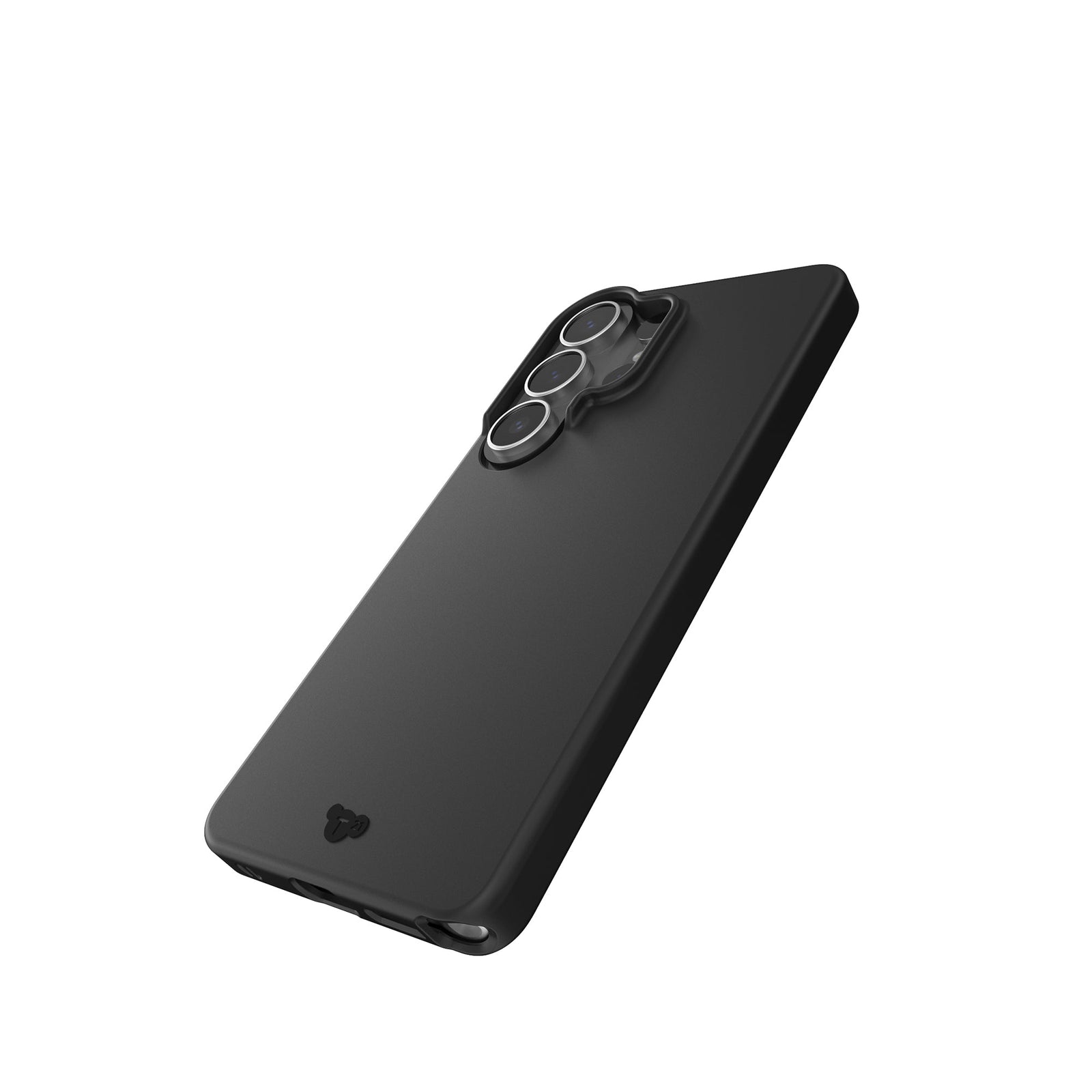 Tilted three-quarter tilted view of back of phone case with phone inside#color_black