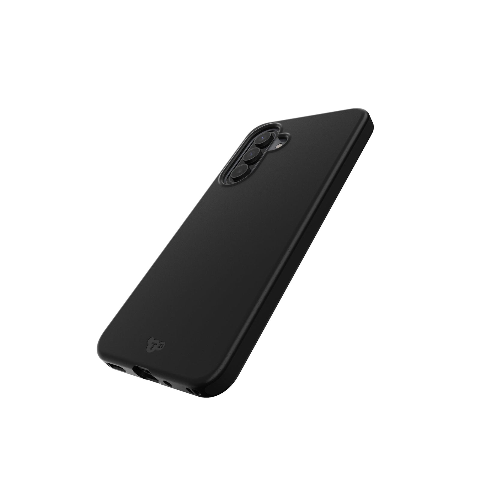 Tilted three-quarter tilted view of back of phone case with phone inside#color_black
