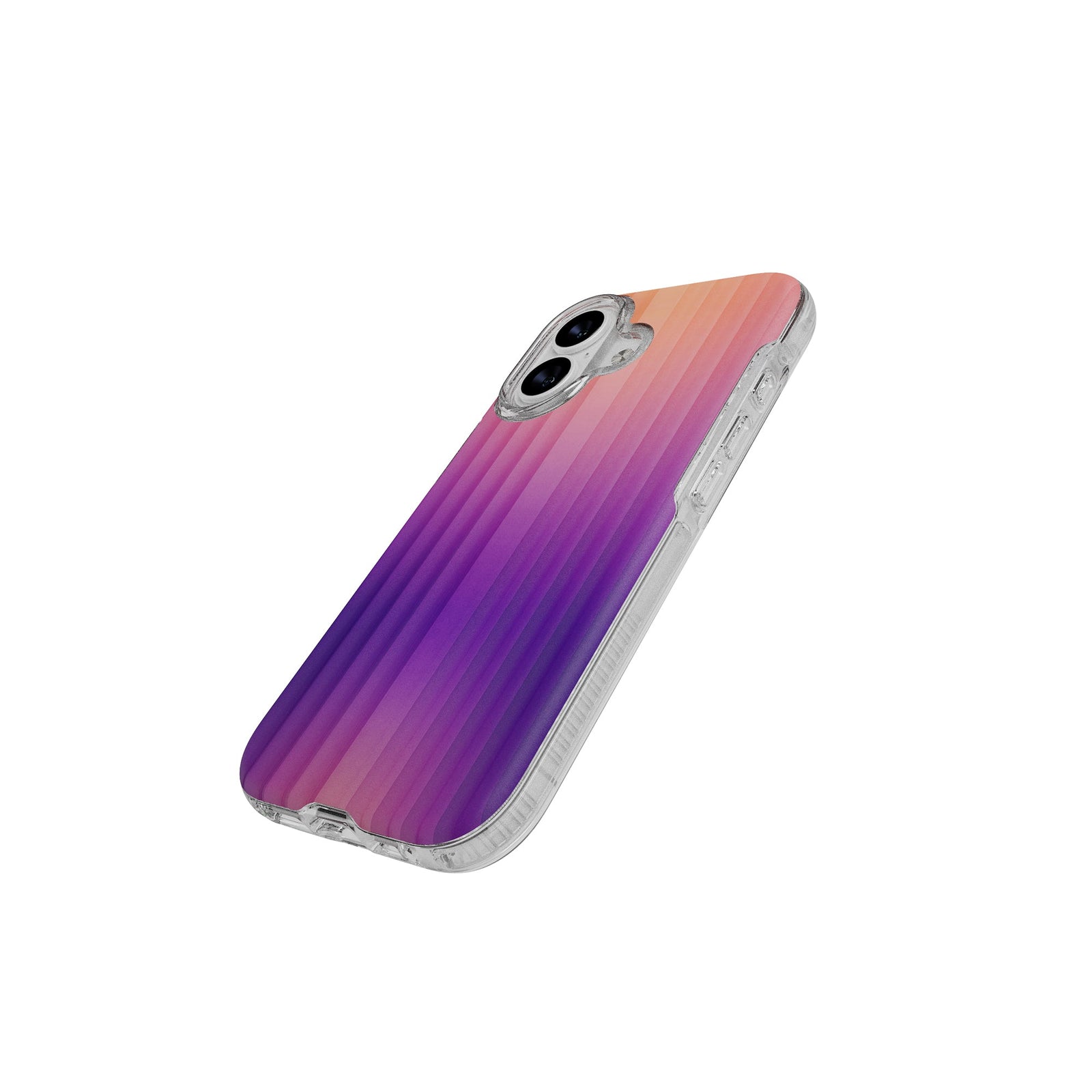 Tilted three-quarter tilted view of back of phone case with phone inside#color_ombre-purple-pink