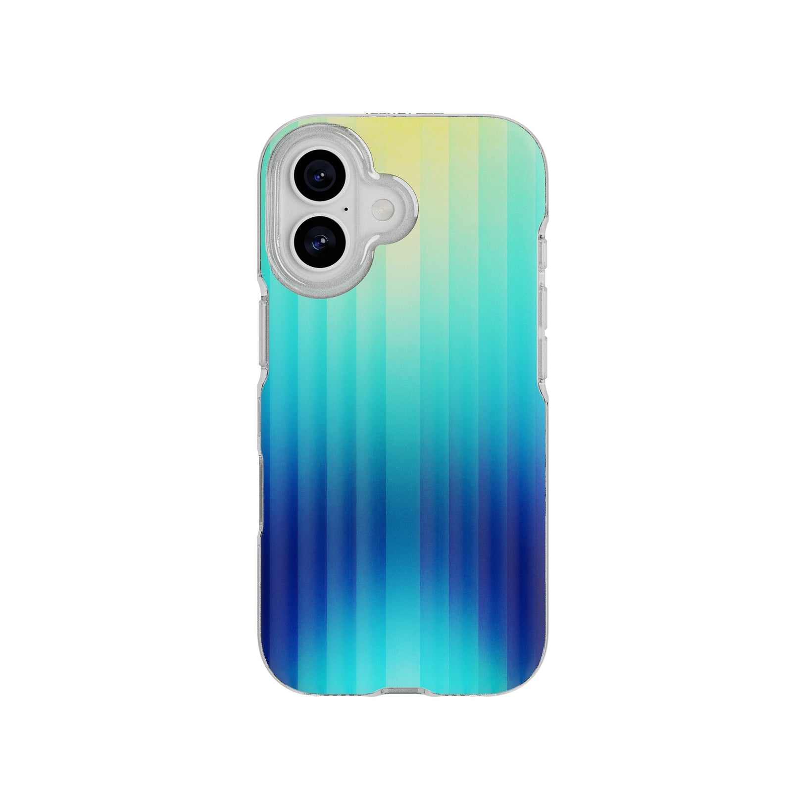 View of the back of the phone case from straight on with phone inside#color_ombre-blue-green