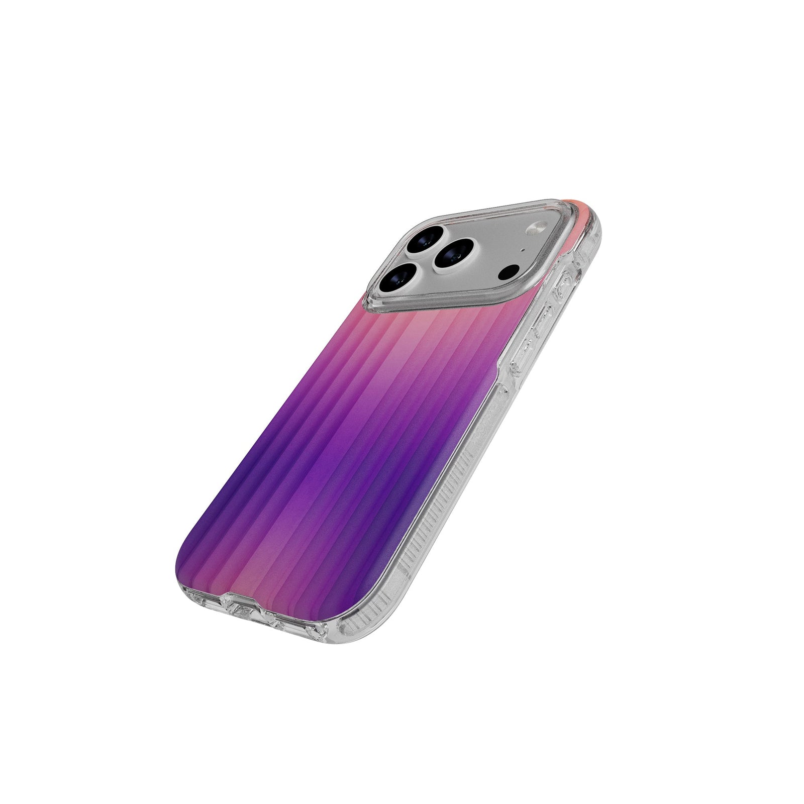 Tilted three-quarter tilted view of back of phone case with phone inside#color_ombre-purple-pink