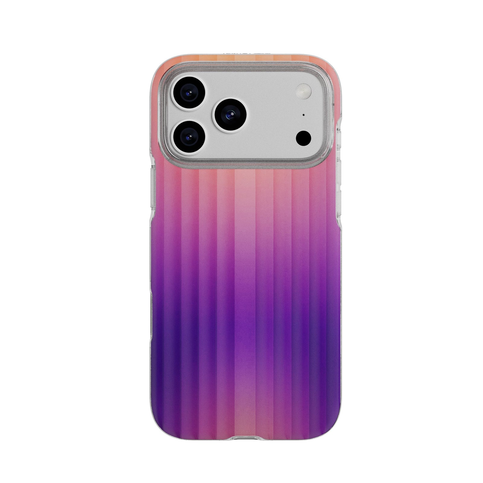 View of the back of the phone case from straight on with phone inside#color_ombre-purple-pink