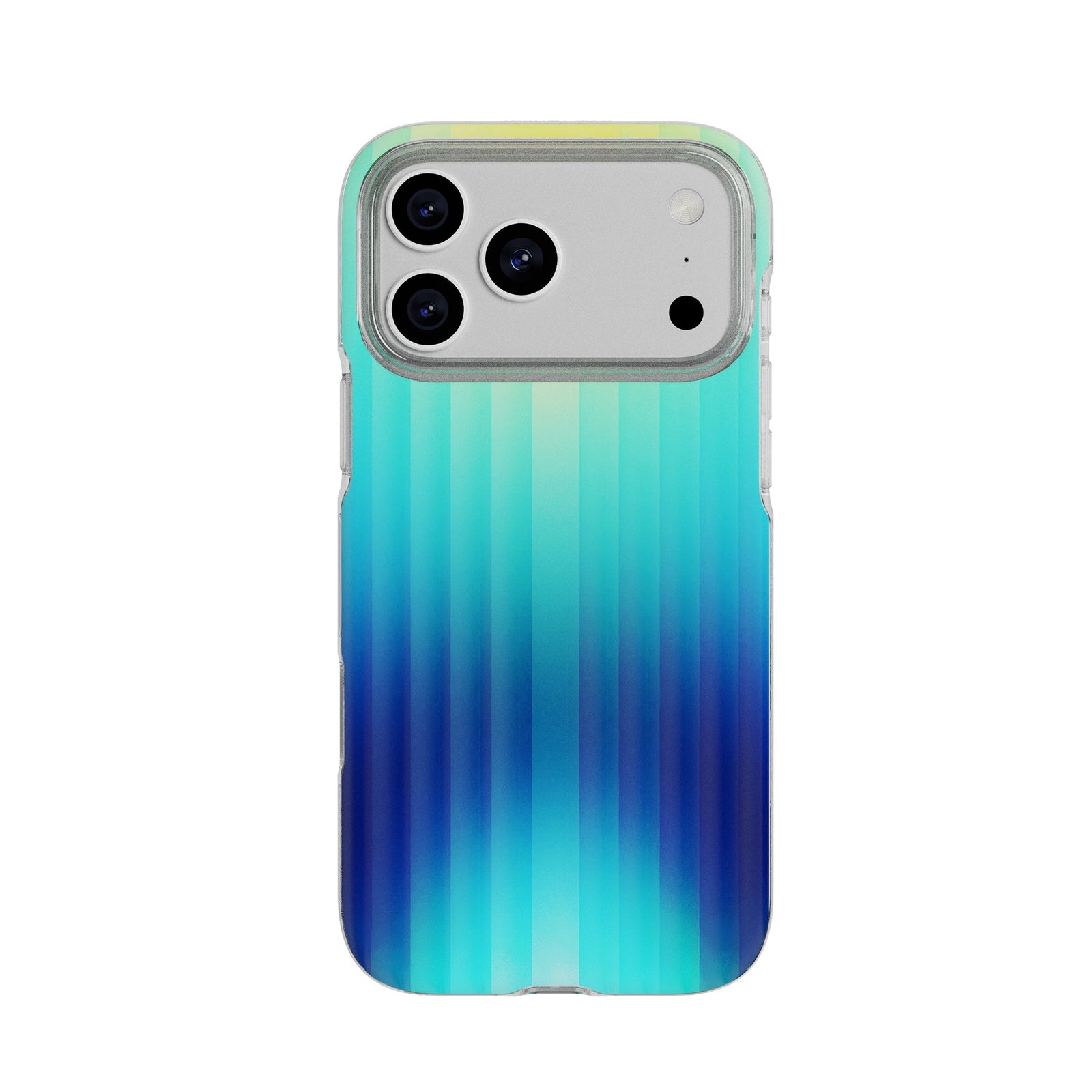 View of the back of the phone case from straight on with phone inside#color_ombre-blue-green