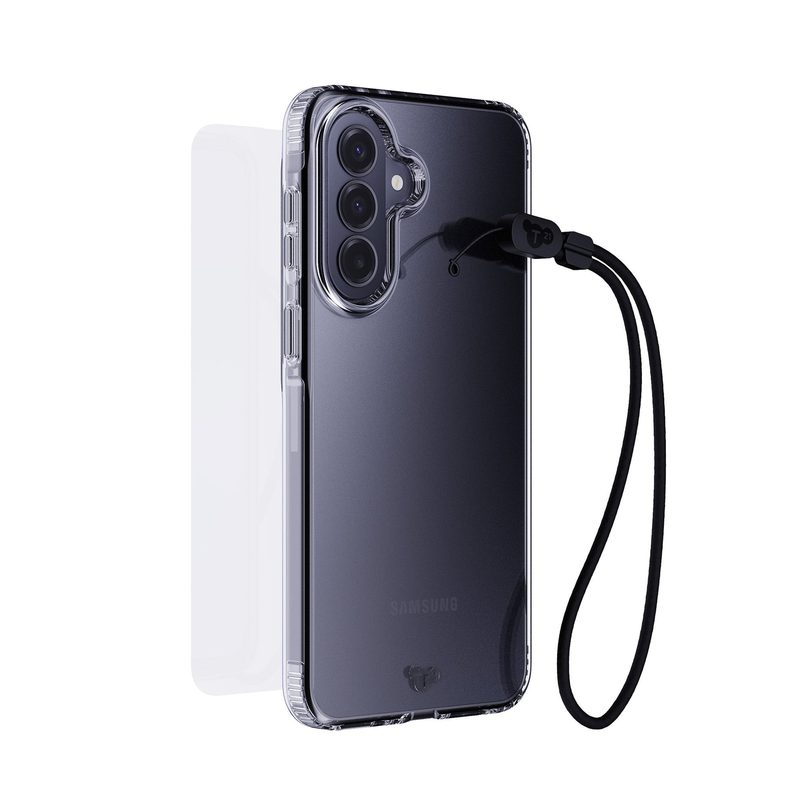 Three-quarter view of back of phone case with phone inside, screen protector hovering above screen in background, and black wrist lanyard hovering in front#color_clear
