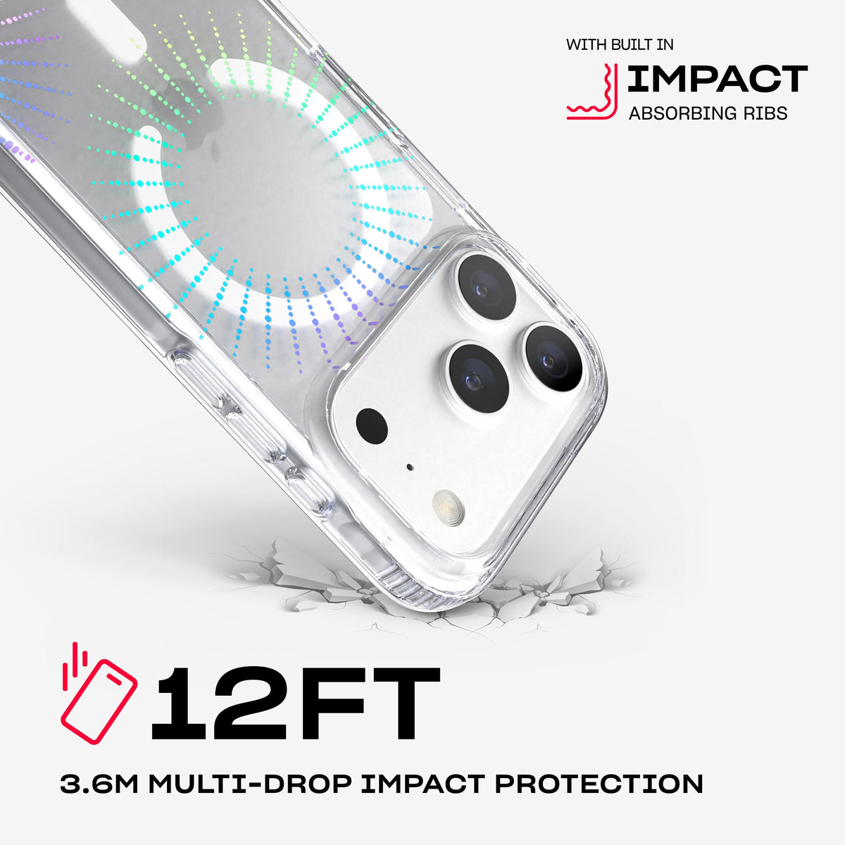 A corner of the case impacts the ground. Text reads 12-foot (3.6 meter) Multi-Drop Impact Protection with built in impact absorbing ribs#color_lunar