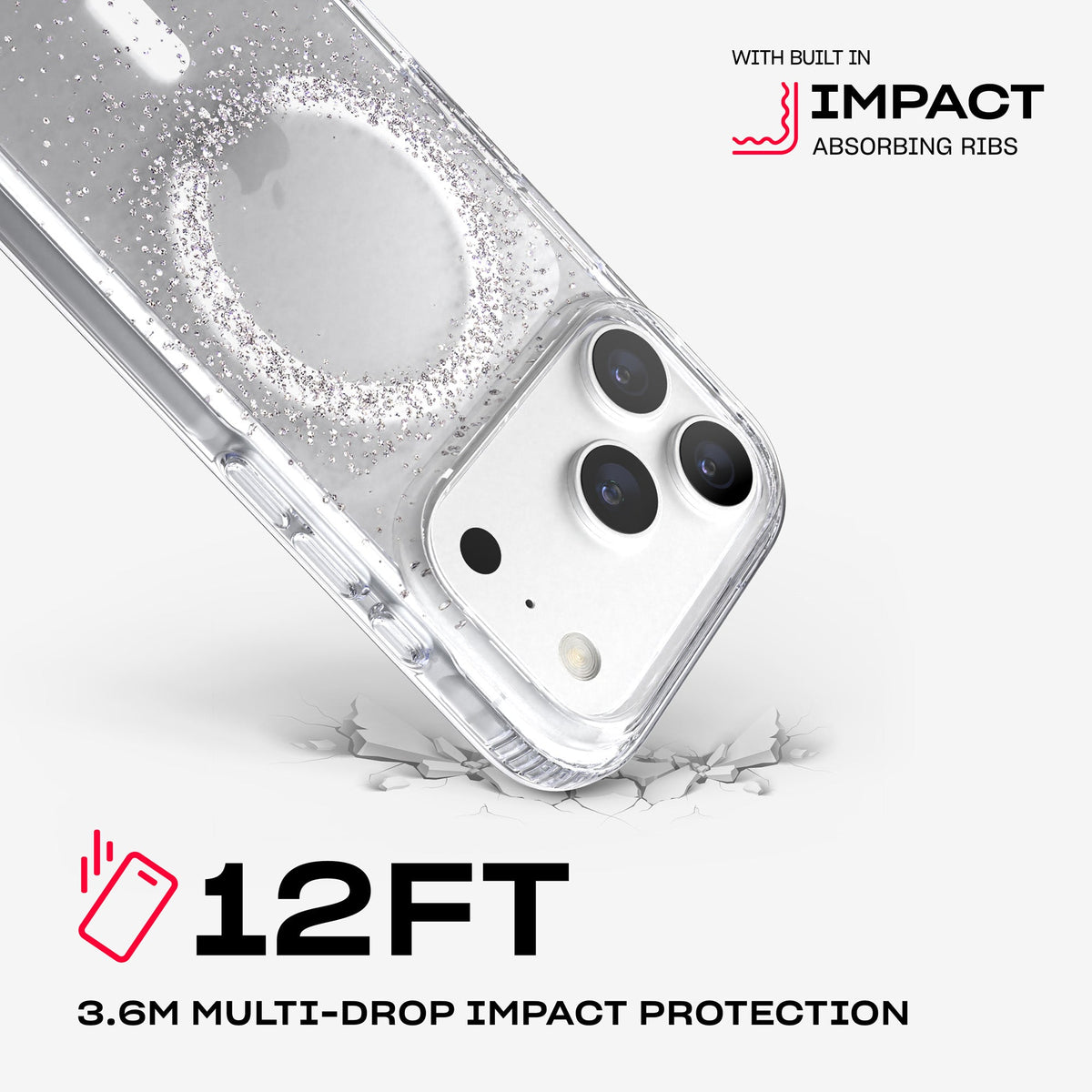 A corner of the case impacts the ground. Text reads 12-foot (3.6 meter) Multi-Drop Impact Protection with built in impact absorbing ribs#color_focus