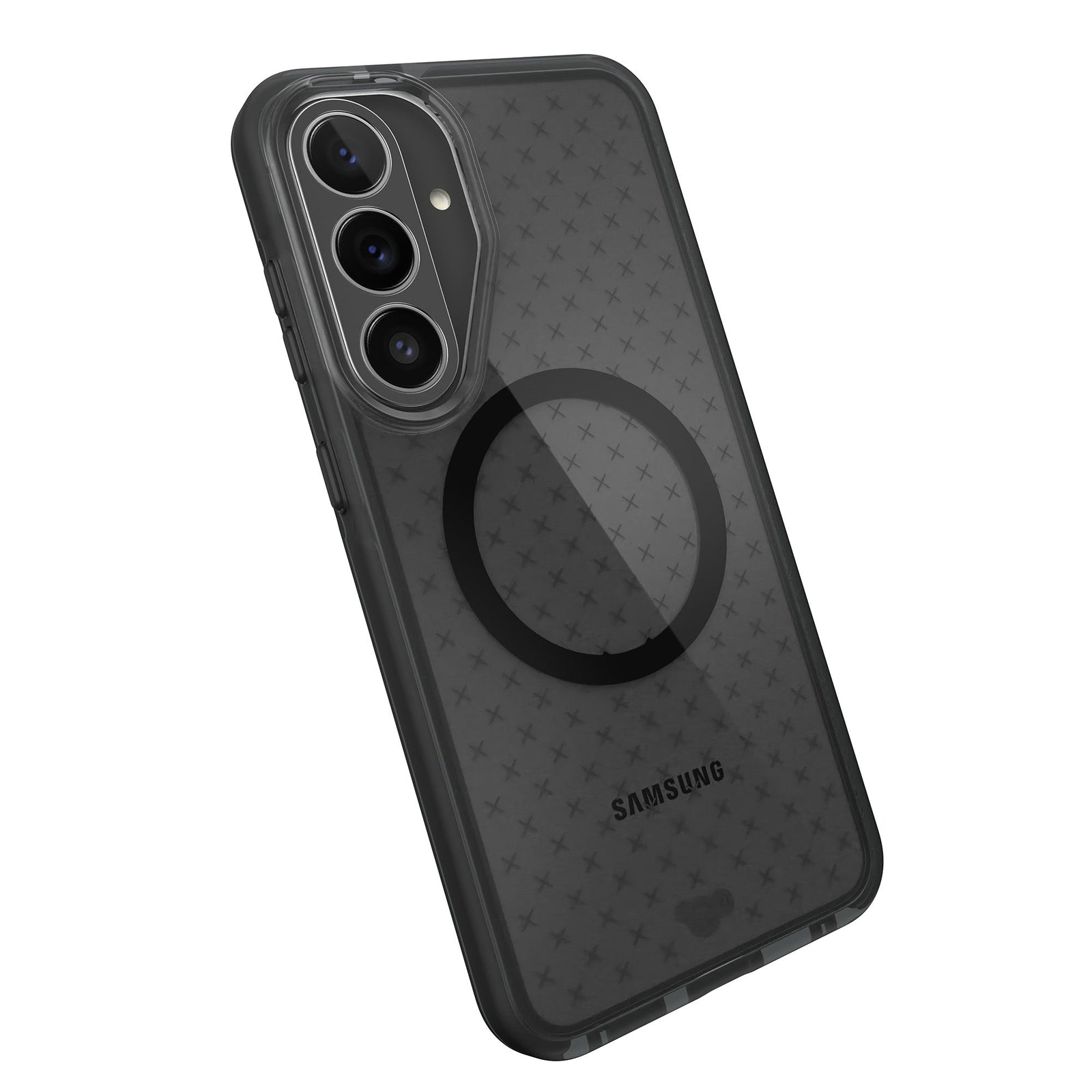 Tilted three-quarter angled view of back of phone case#color_smokey-black