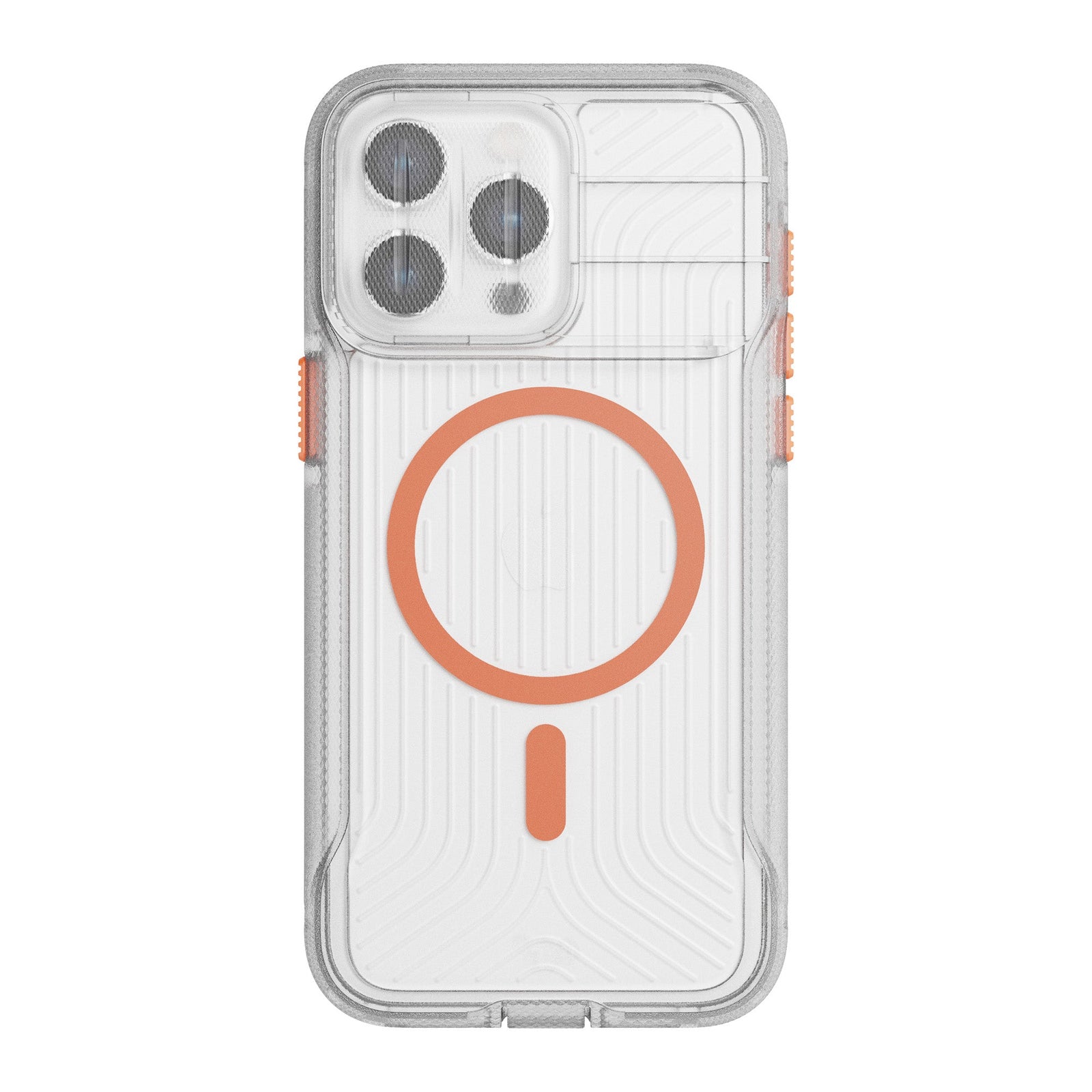 View of the back of the phone case from straight on with phone inside and camera cover closed#color_clear-vivid-orange