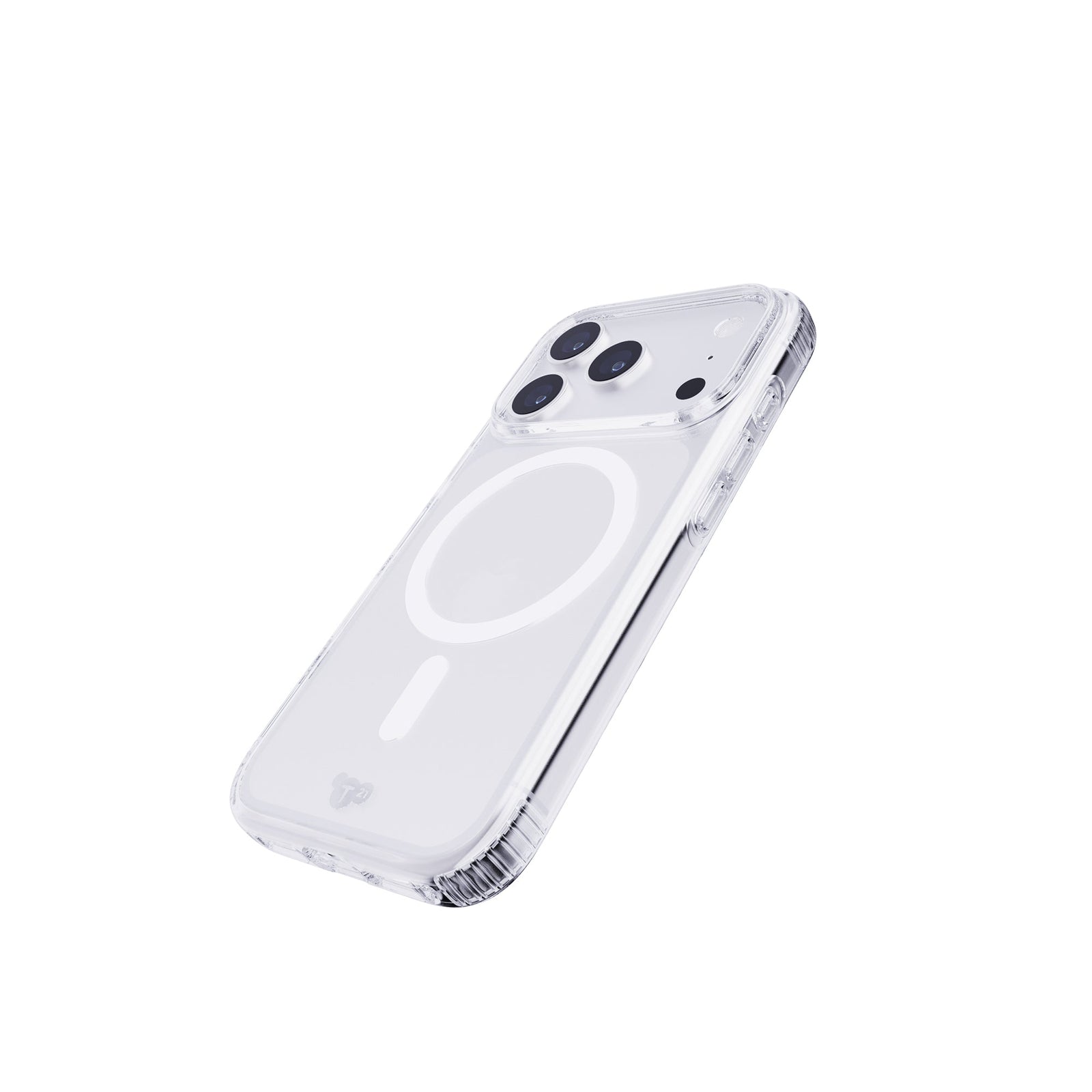 Tilted three-quarter tilted view of back of phone case with phone inside#color_clear