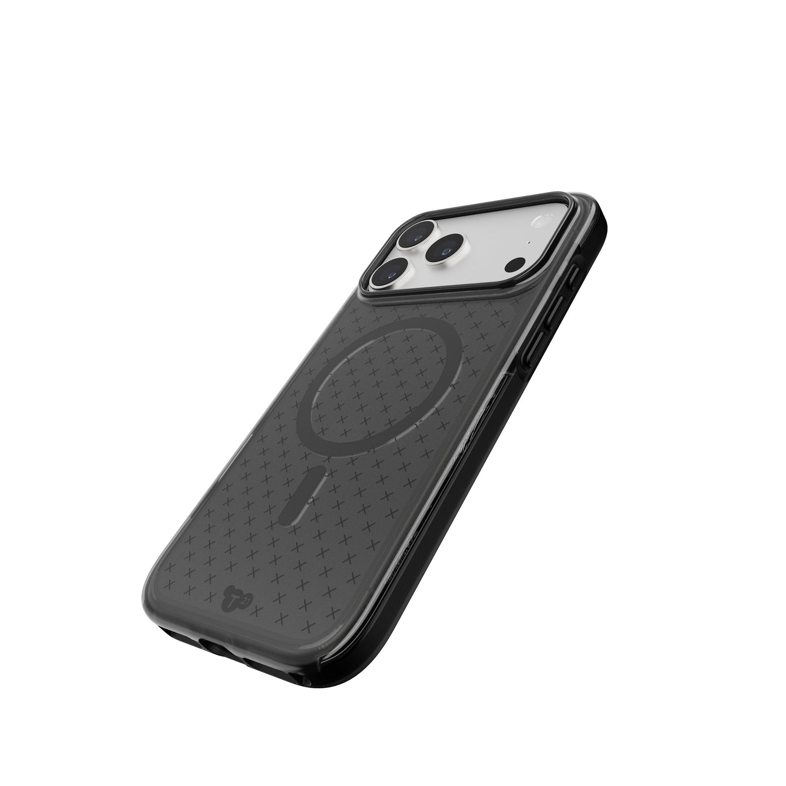 Tilted three-quarter tilted view of back of phone case with phone inside#color_smokey-black