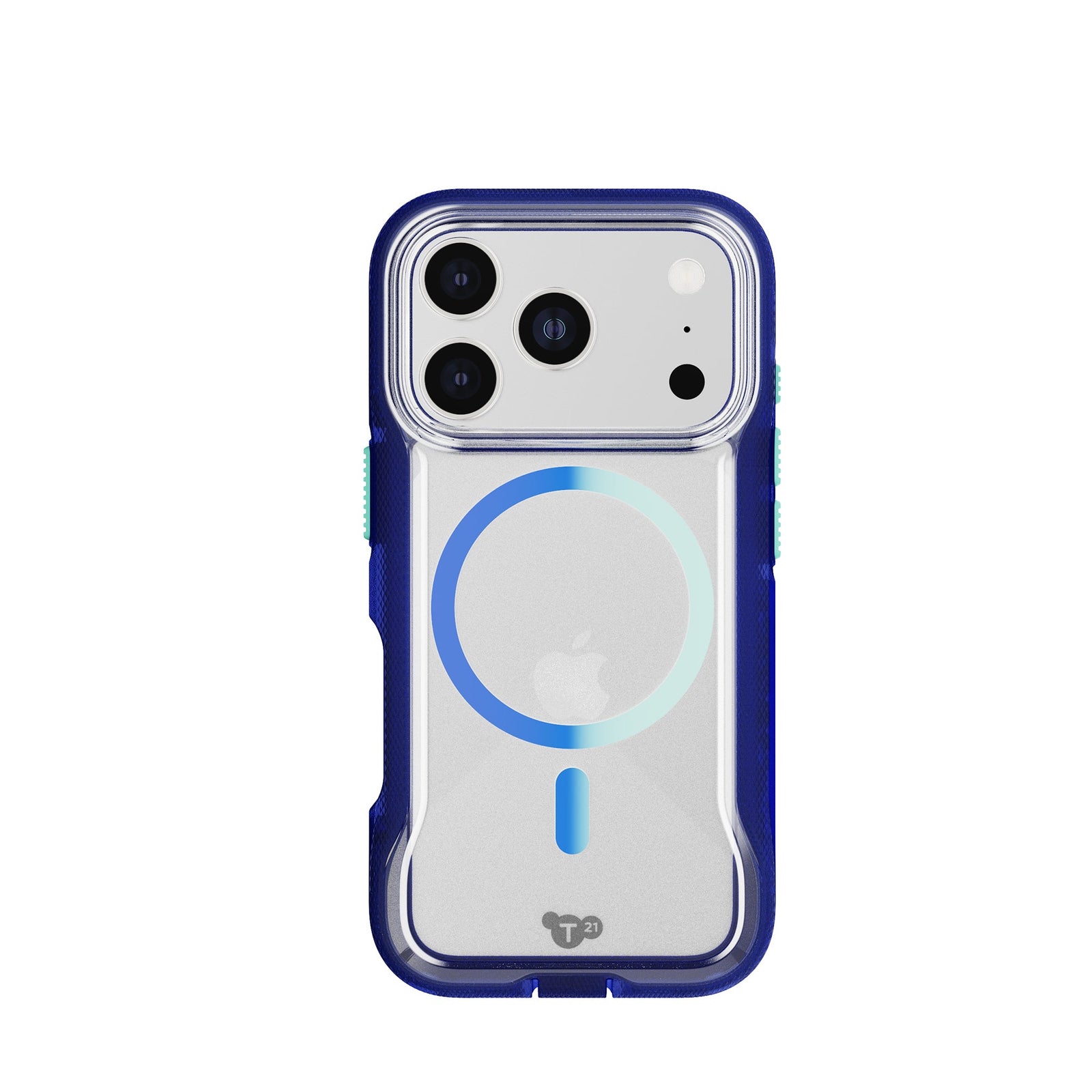 View of the back of the phone case from straight on with phone inside#color_electric-blue-jelly-mint