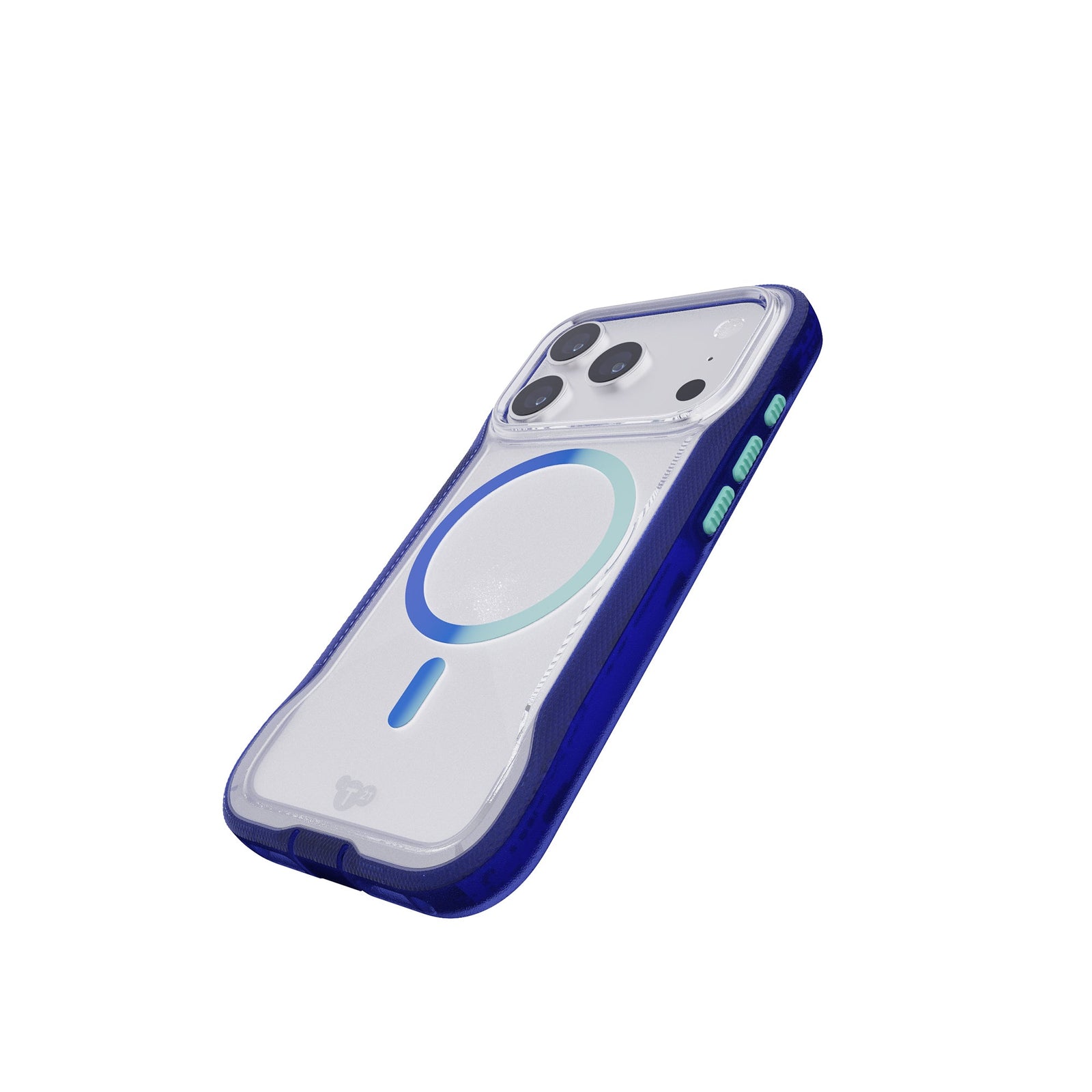Tilted three-quarter tilted view of back of phone case with phone inside#color_electric-blue-jelly-mint