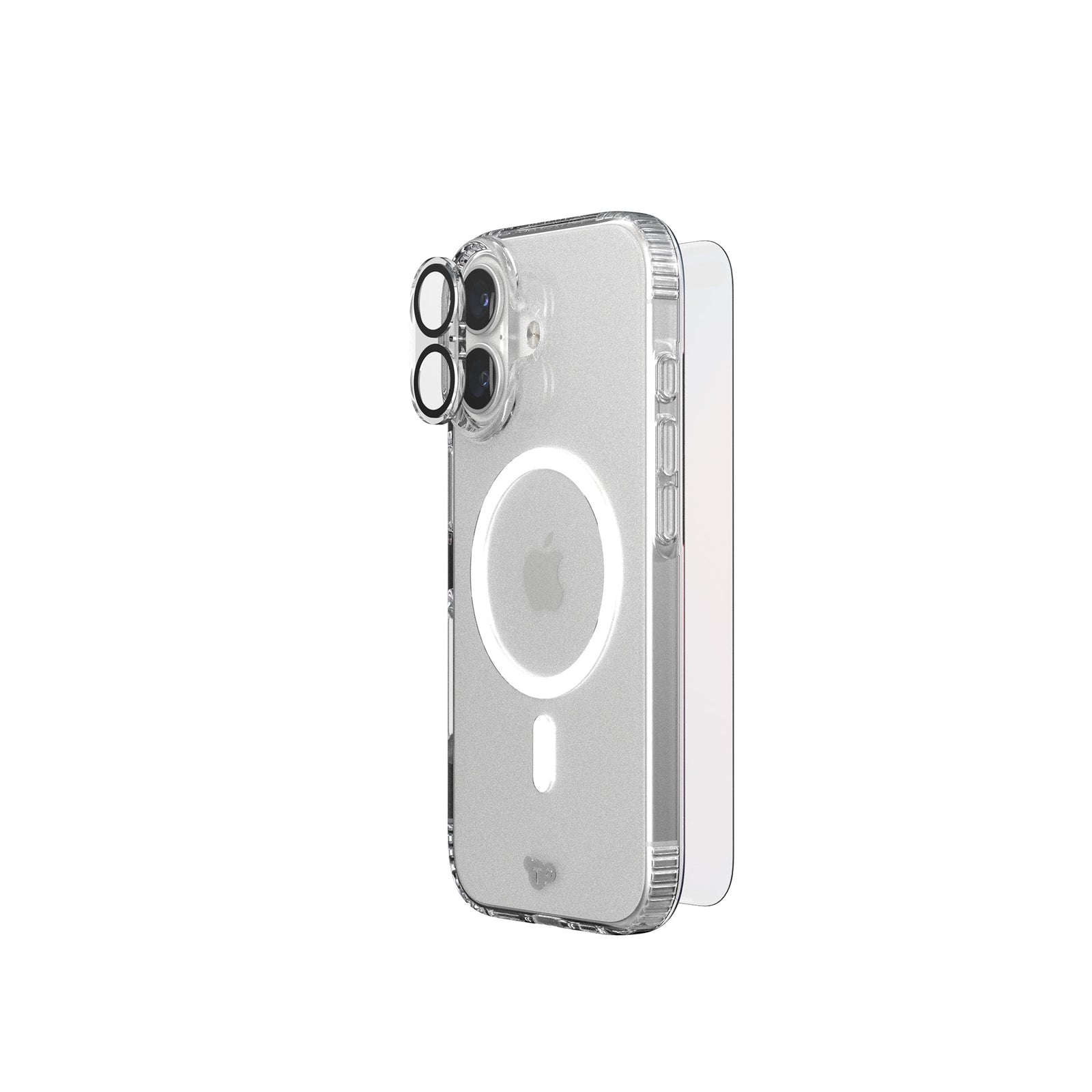 A phone protection bundle is shown from an angle with a camera lens protector hovering over the camera of a phone in a clear case; a screen protector hovers over the screen side of the phone#color_clear