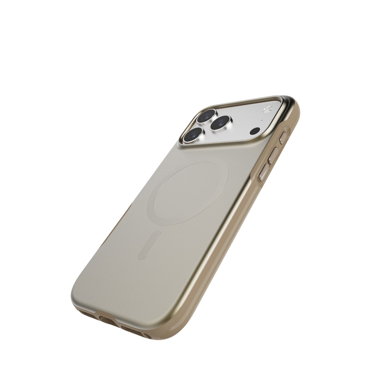 Tilted three-quarter tilted view of back of phone case with phone inside#color_copper