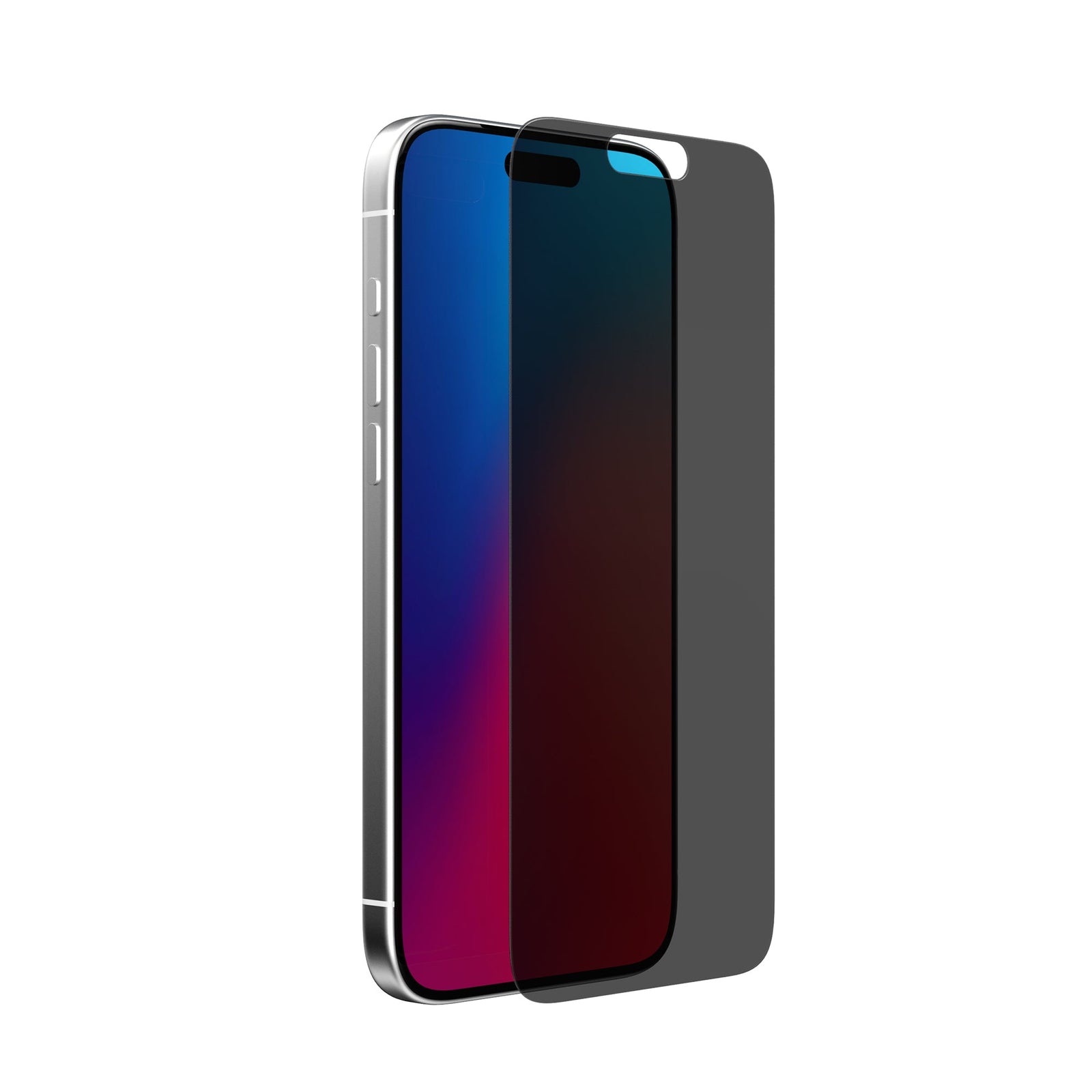 Three-quarter view of device with screen showing and screen protector hovering above screen#color_privacy