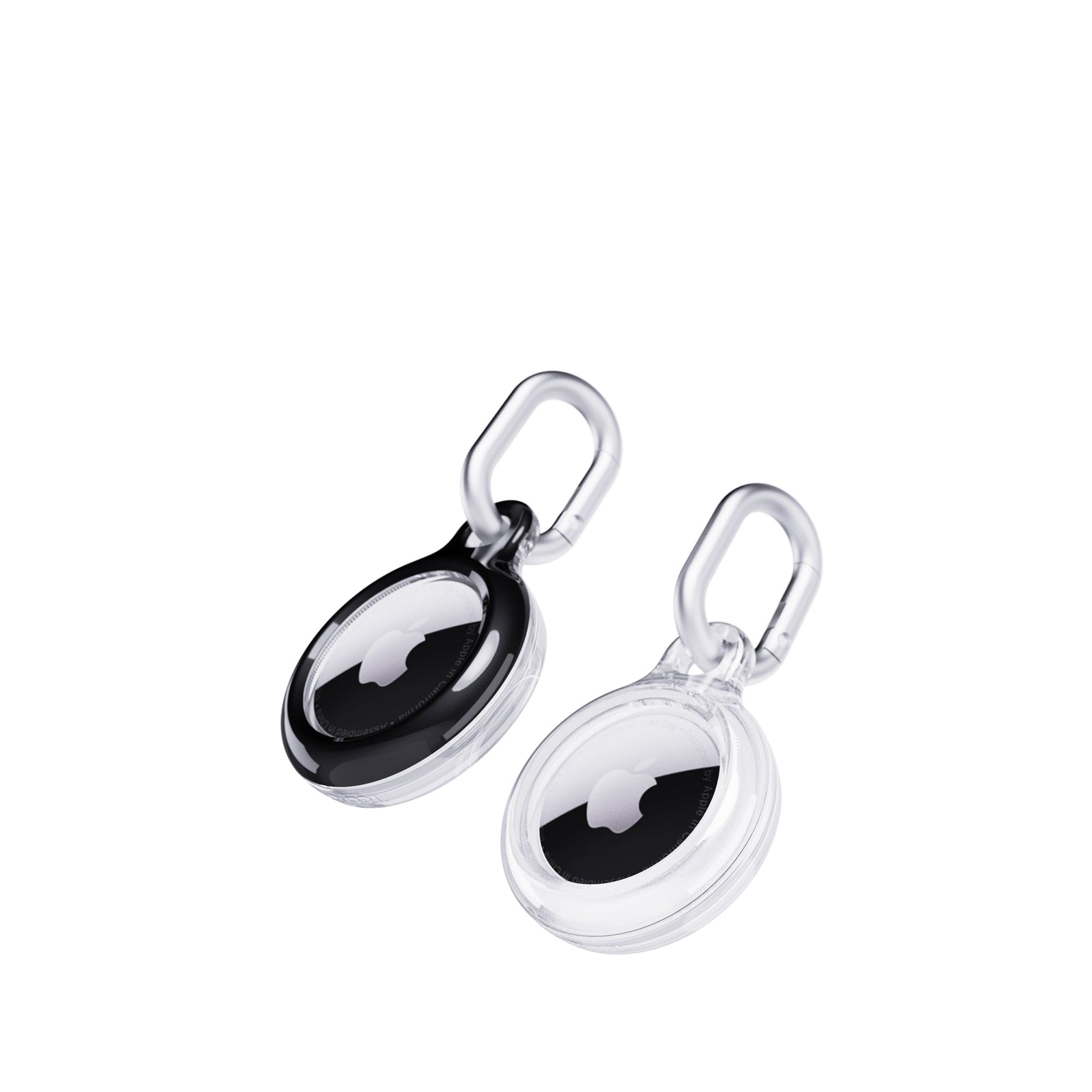 Three-quarter tilted view of front of AirTag cases#color_black-and-clear