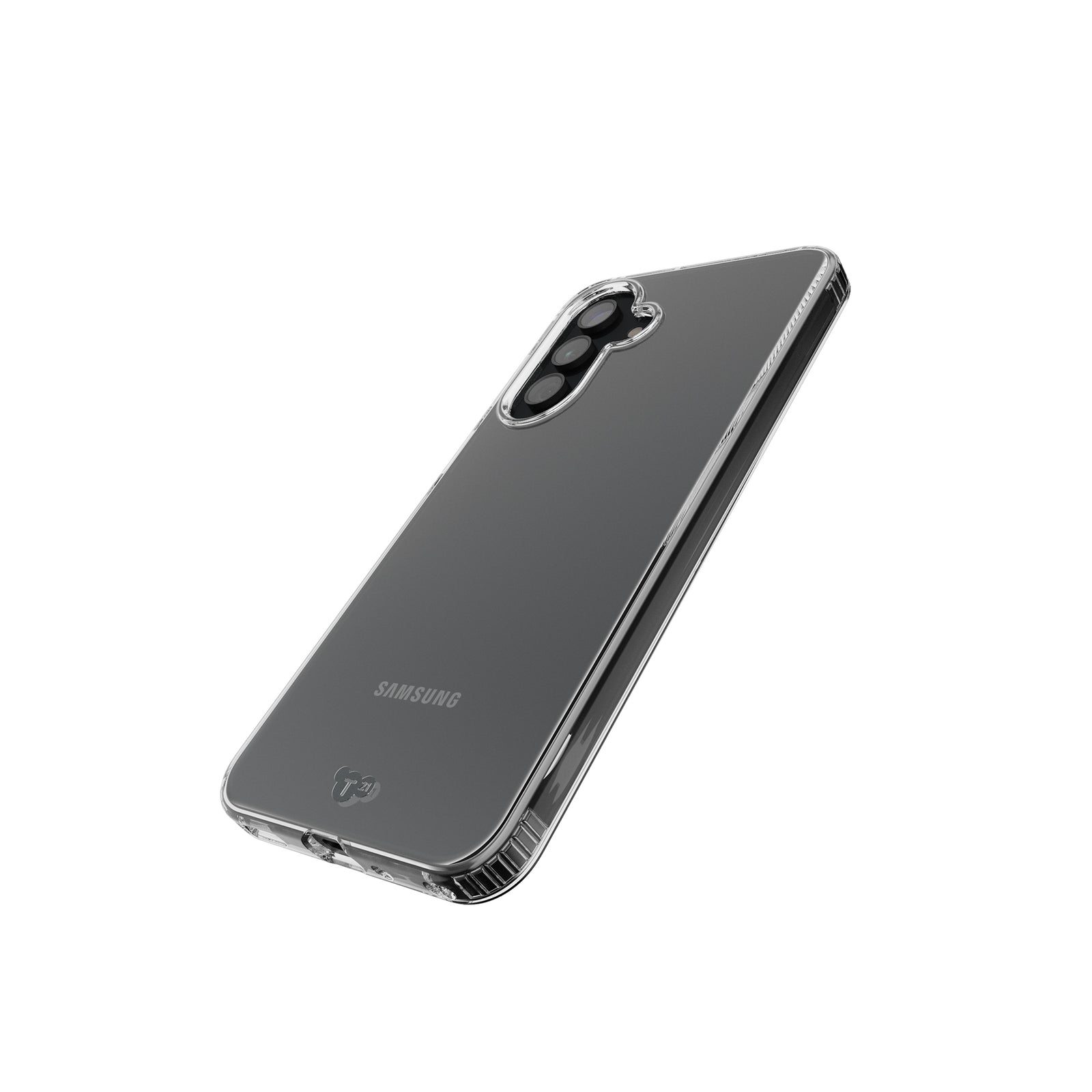 Tilted three-quarter tilted view of back of phone case with phone inside#color_clear