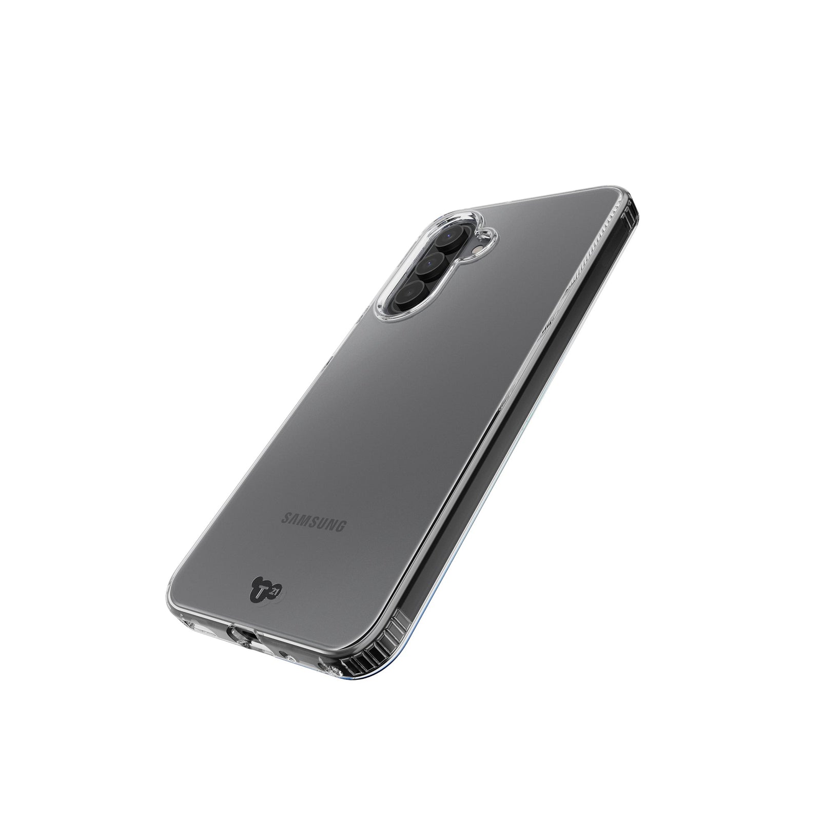 Tilted three-quarter tilted view of back of phone case with phone inside#color_clear