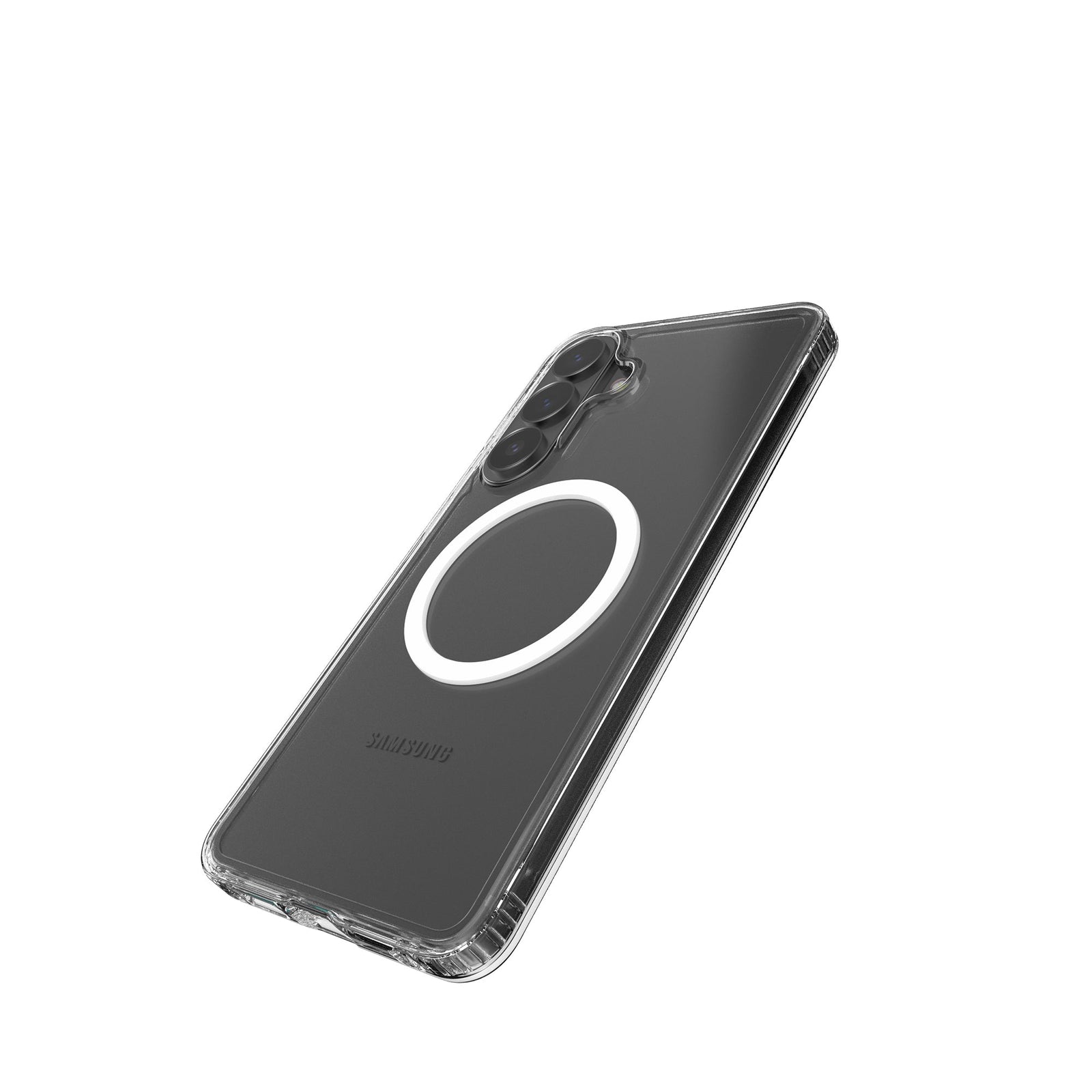 Tilted three-quarter tilted view of back of phone case with phone inside#color_clear