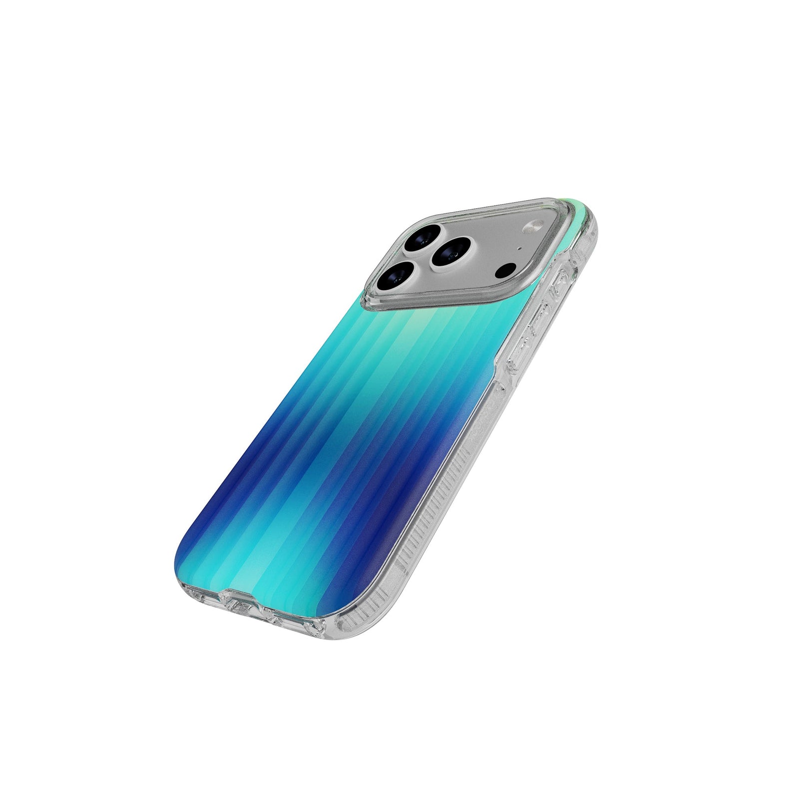Tilted three-quarter tilted view of back of phone case with phone inside#color_ombre-blue-green
