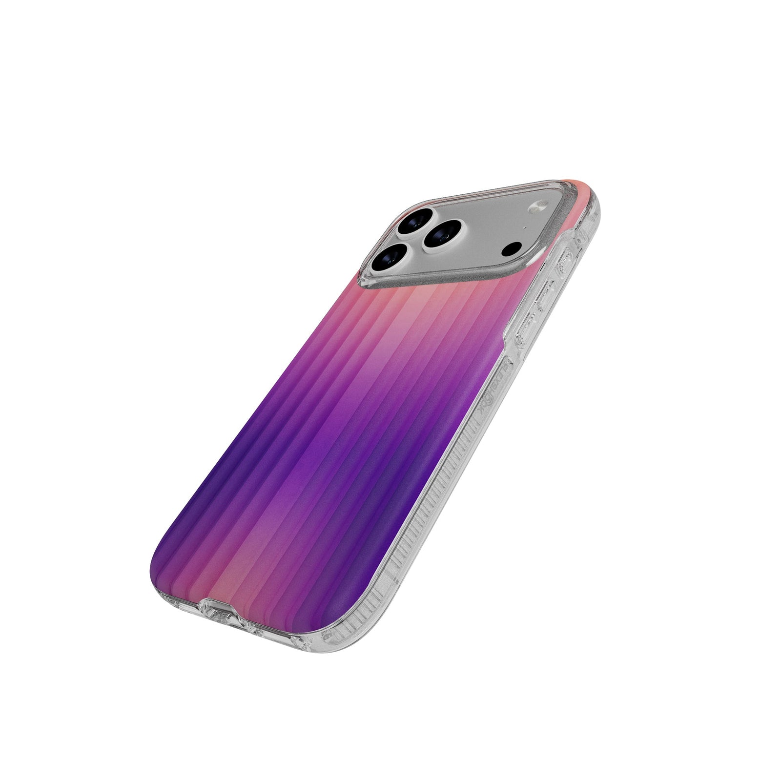 Tilted three-quarter tilted view of back of phone case with phone inside#color_ombre-purple-pink