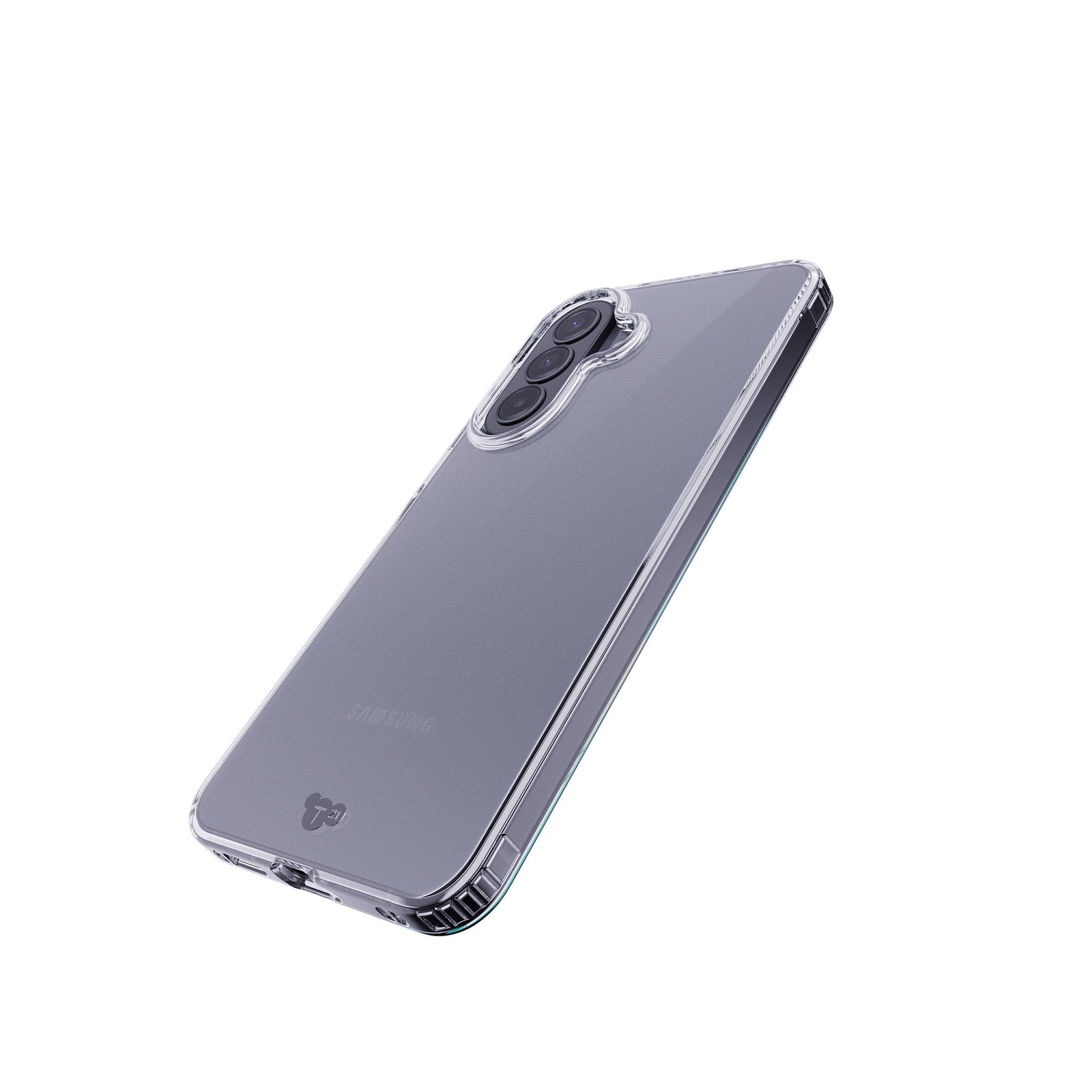 Tilted three-quarter tilted view of back of phone case with phone inside#color_clear