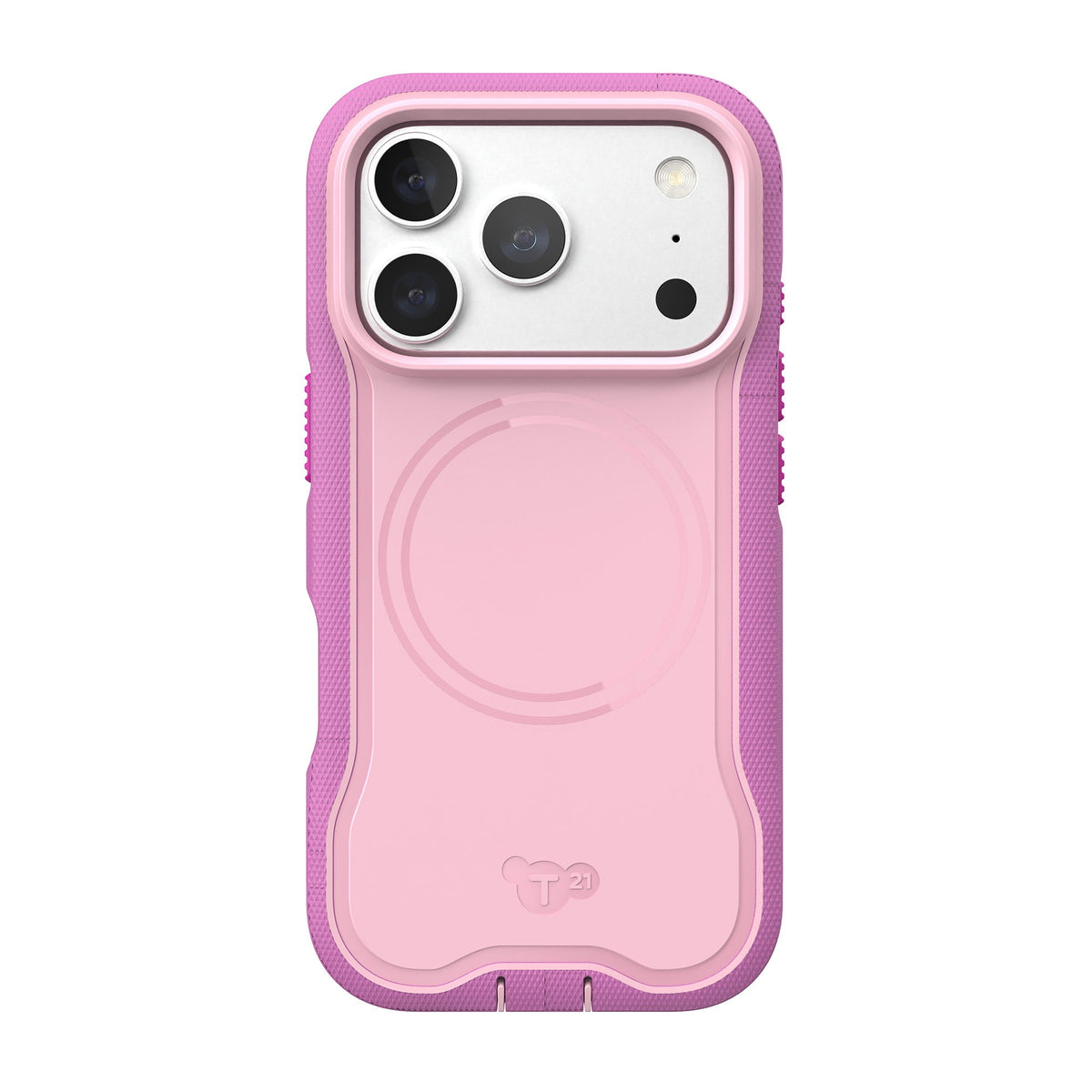 View of the back of the phone case from straight on with phone inside#color_orchid