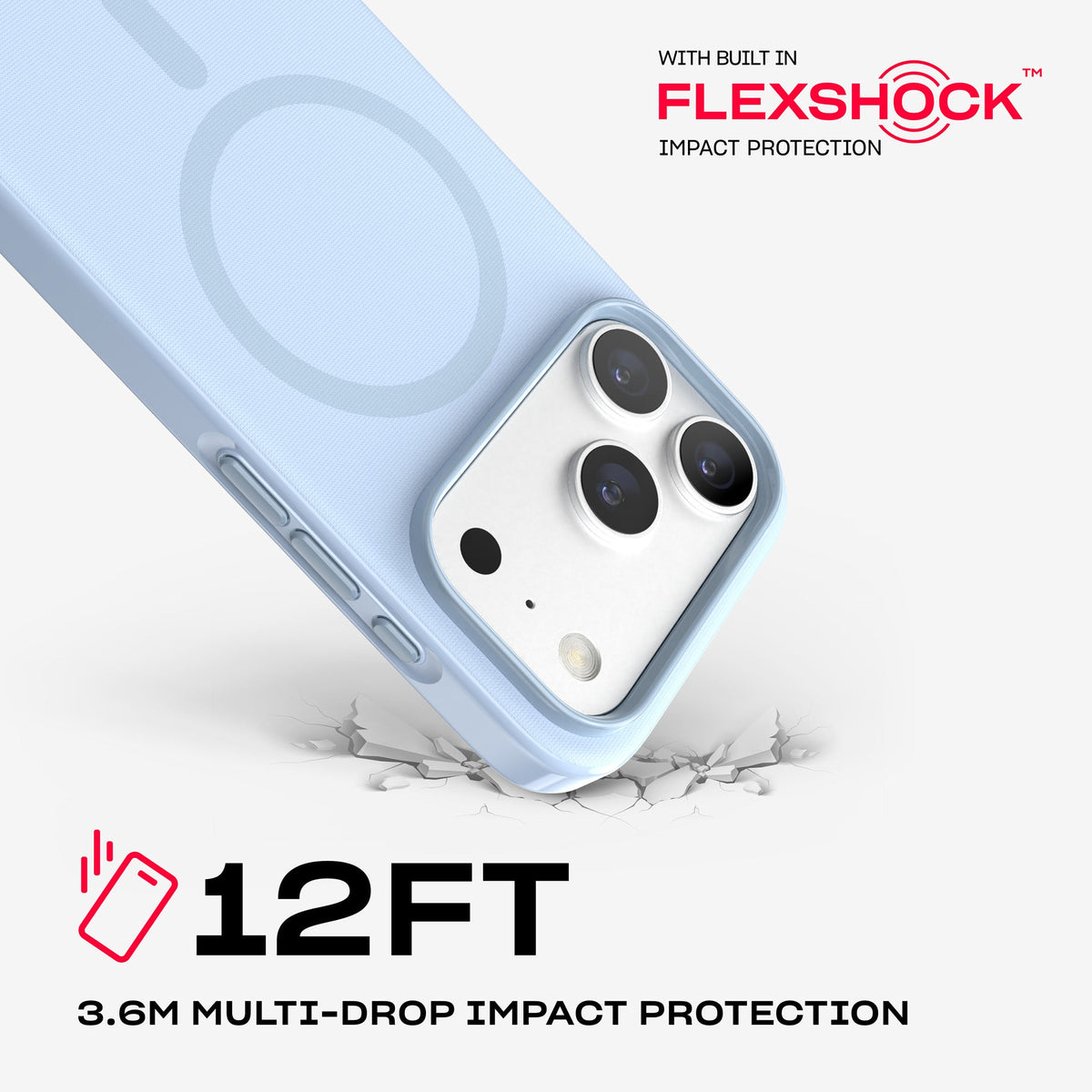 A corner of the case impacts the ground. Text reads 12-foot (3.6 meter) Multi-Drop Impact Protection with built in FlexShock impact protection#color_sable