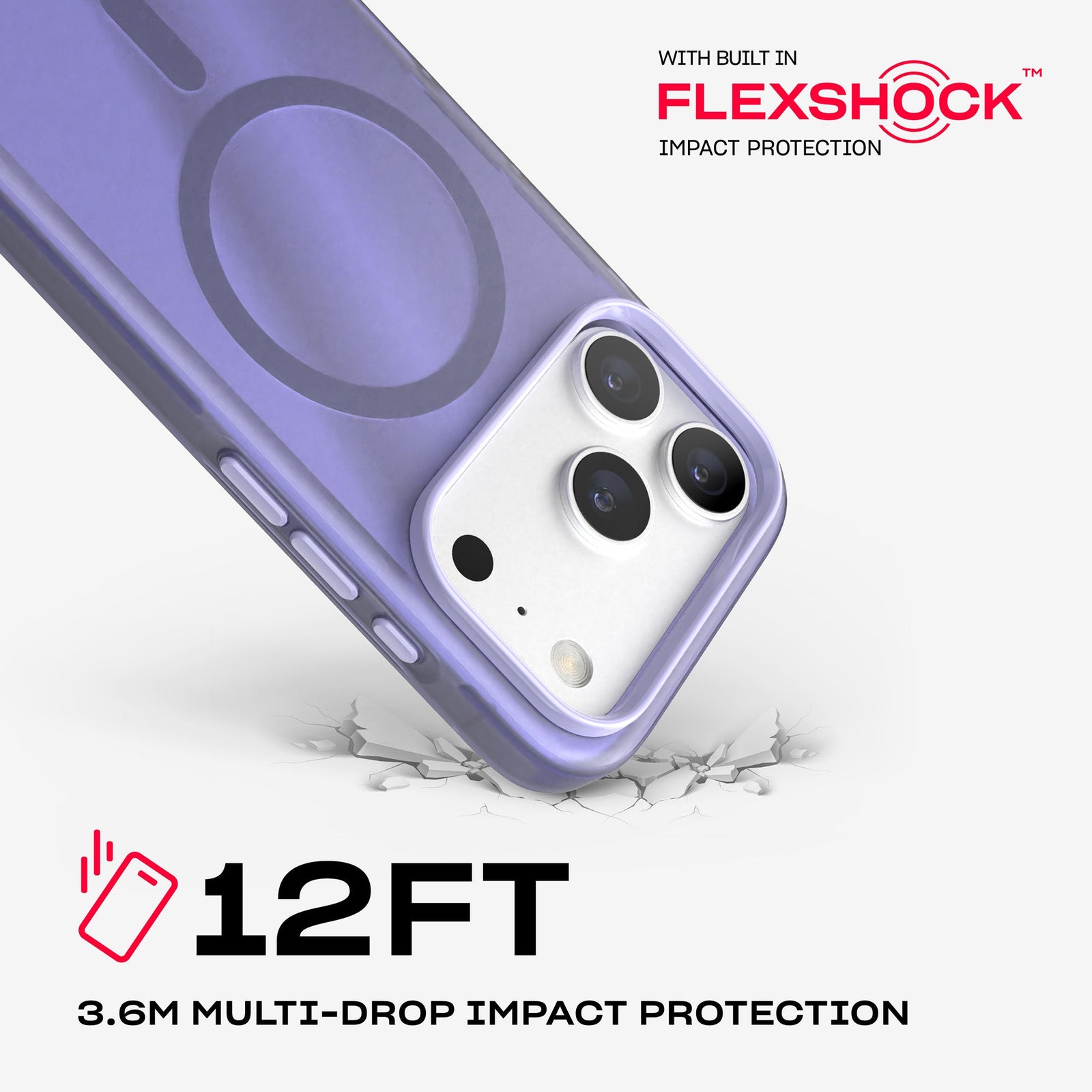 A corner of the case impacts the ground. Text reads 12-foot (3.6 meter) Multi-Drop Impact Protection with built in FlexShock impact protection#color_lilac
