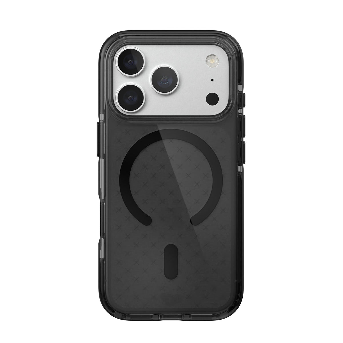 View of the back of the phone case from straight on with phone inside#color_smokey-black